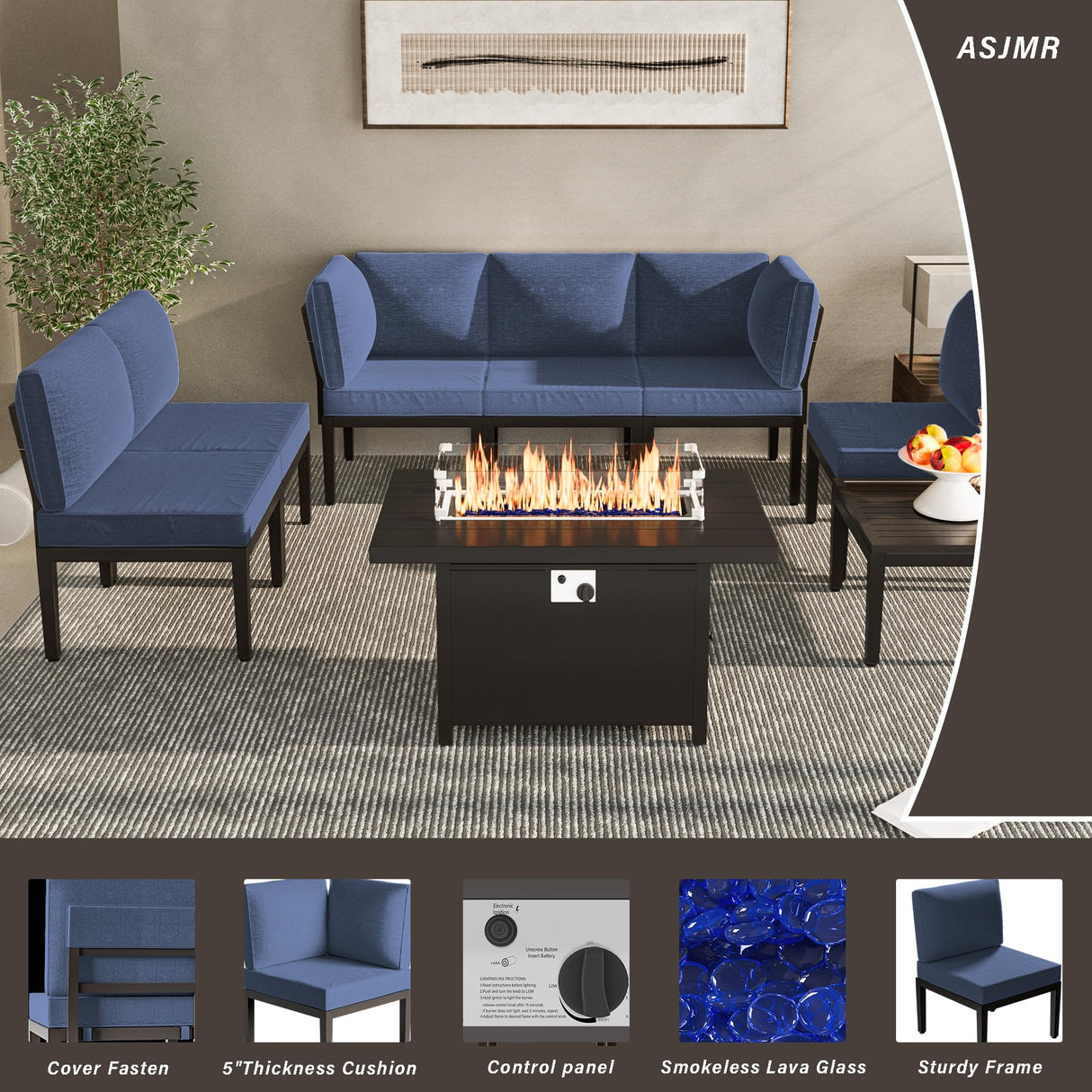 ASJMR Patio Furniture Set,8 Pieces Modern Outdoor Conversation Set w/43in Gas Fire Pit Table, Outdoor Metal Sectional Sofa with 55000 BTU Propane Fire Pit. ASJMR