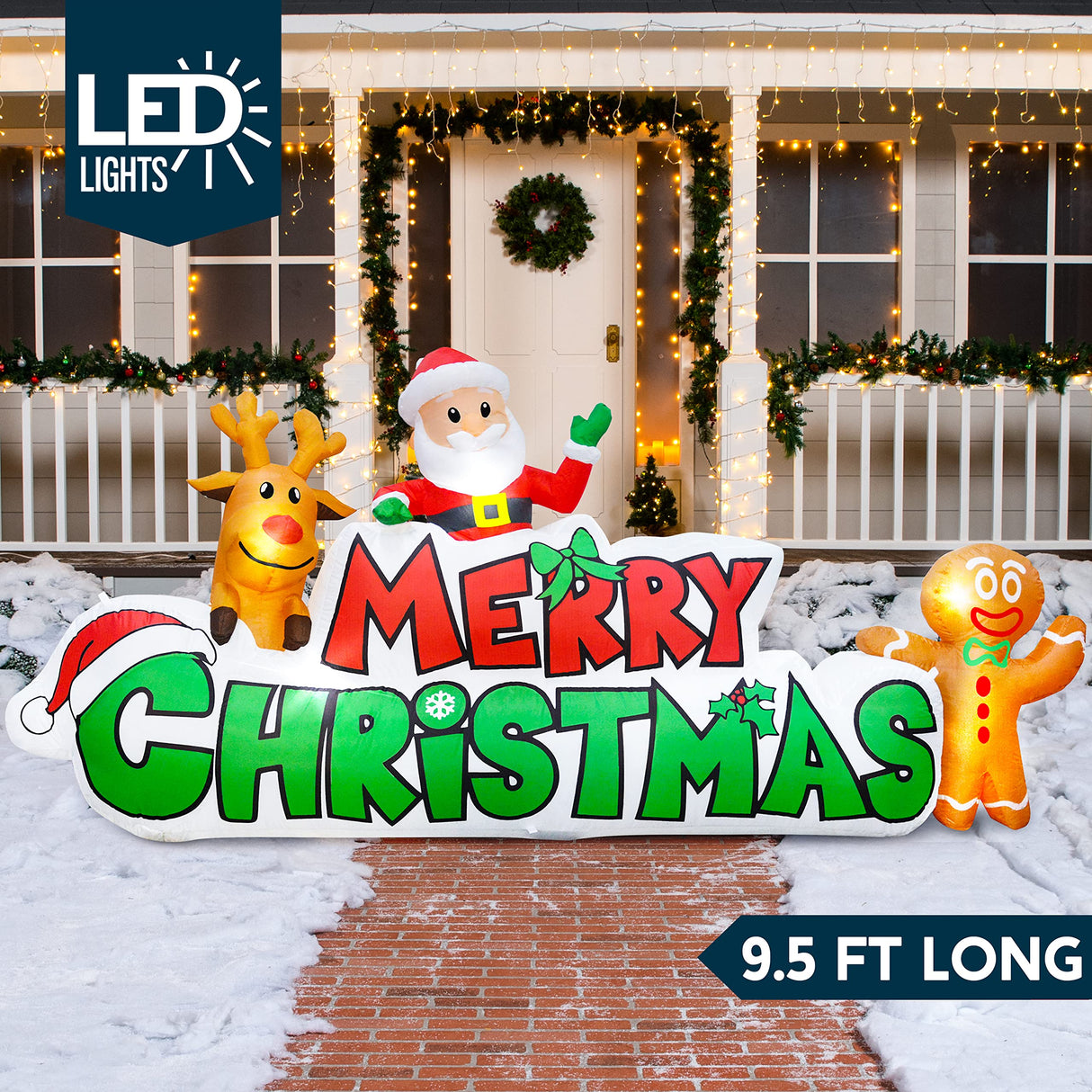 Joiedomi 9.5 FT Christmas Inflatable Merry Christmas Sign with Santa, Reindeer & Gingerman, LED Lit for Outdoor Yard Garden Lawn Winter Decor Joiedomi