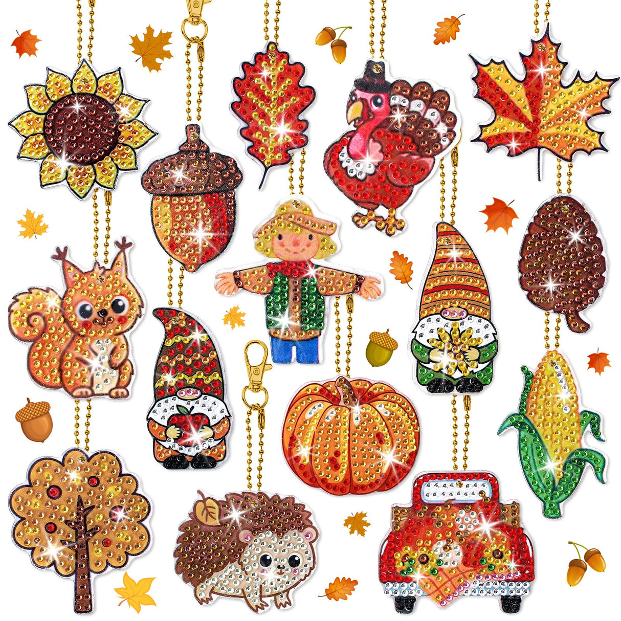 Whaline 15Pcs Fall Diamond Drawing Keychain Kit Autumn Gnome Animal Plants Fall 5D DIY Diamond Art Ornaments Rhinestone Mosaic Making Full Drill Diamond Key Chain for Kids Crafts Gifts Party Supplies Whaline