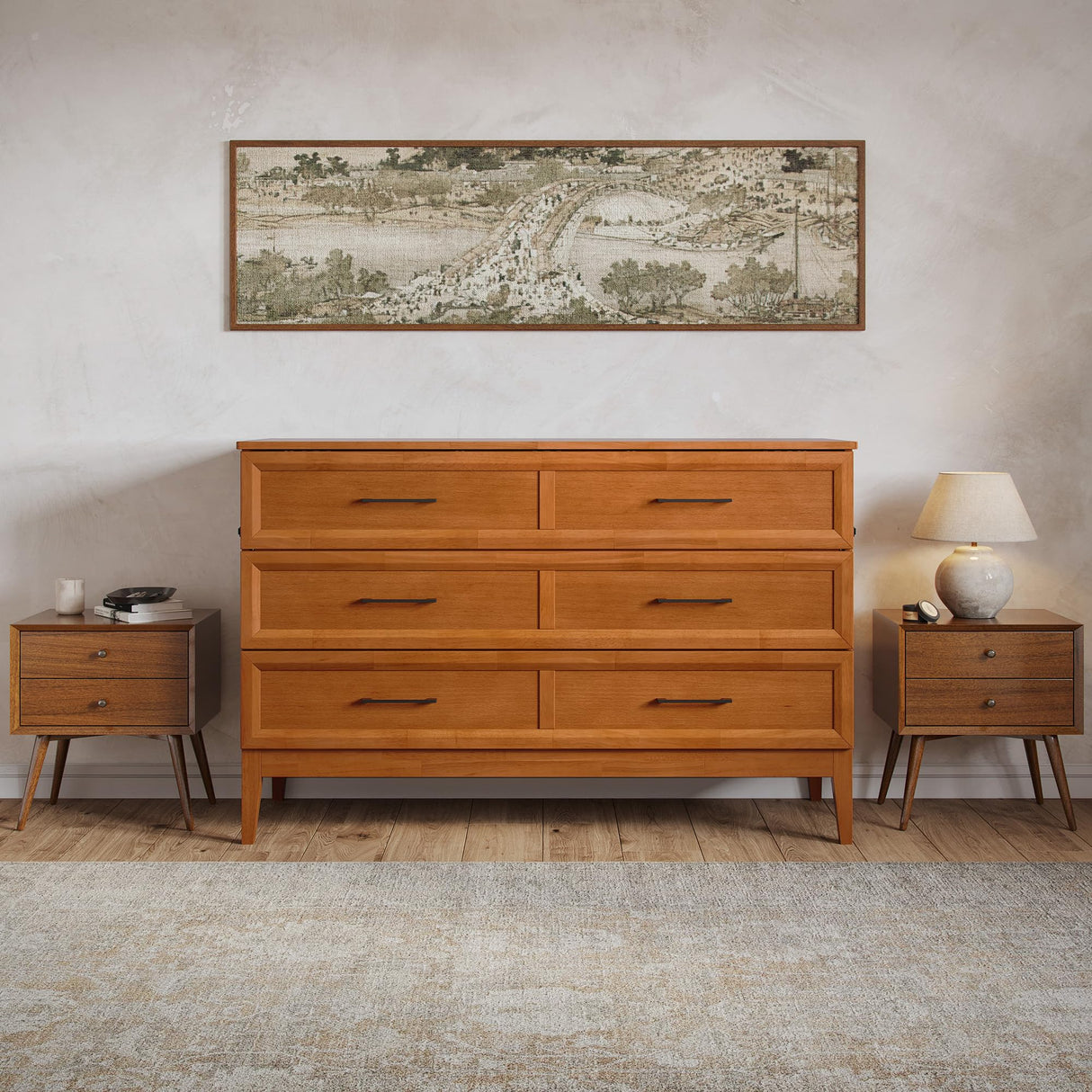 AFI, Santa Fe Queen Murphy Bed Chest with 6" Mattress & Built-in USB Charger, Light Toffee AFI