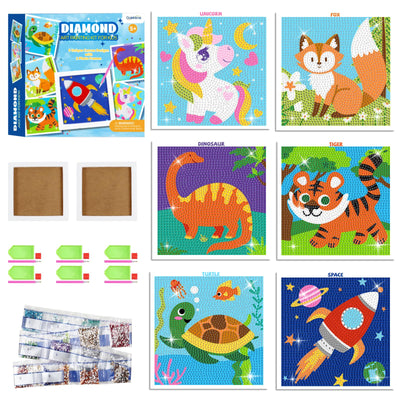 goldentime Diamond Painting Kits for Kids 6-12 - 6 Pack (6x6 Inch) with Unicorn, Dinosaur, Turtle & More –Gem Art Kit Includes Tools, 21 Colors & Frames - Fun Diamond Dot Art for Girls & Boys