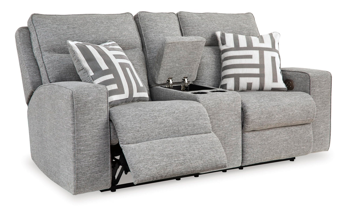 Signature Design by Ashley Biscoe Casual UV Resistant Power Reclining Loveseat with Console, Adjustable Headrest and USB Ports, Light Gray Signature Design by Ashley