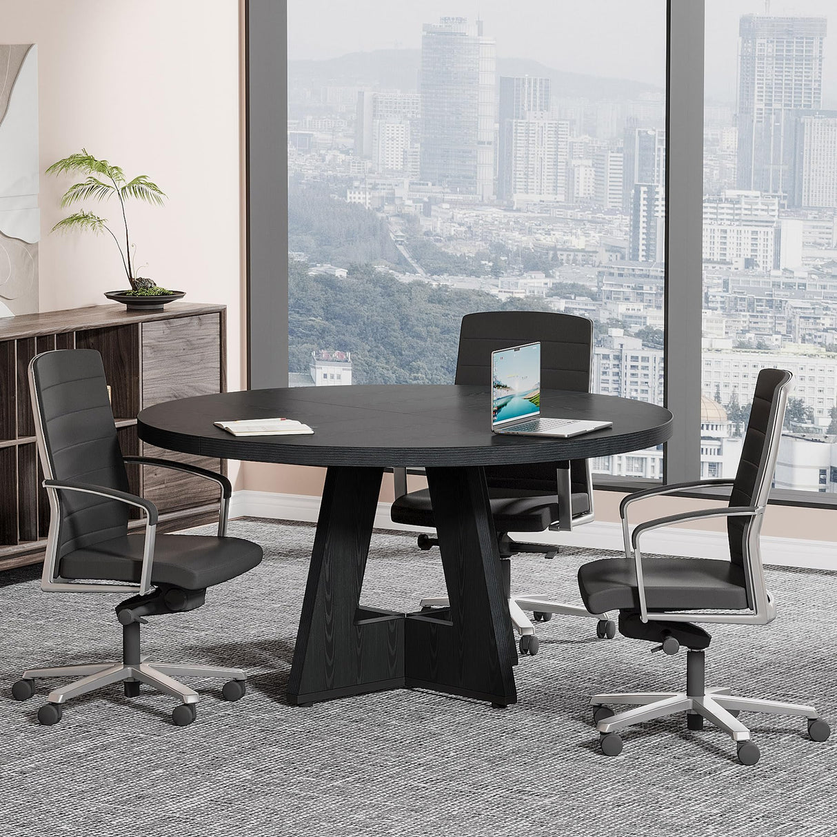 Tribesigns 47-Inch Round Conference Table for 4-6 People, Wooden Meeting Room Table with Thicken Tabletop and Wood Base, Modern Meeting Training Desk for Conference Room Seminar Room (Black) Tribesigns