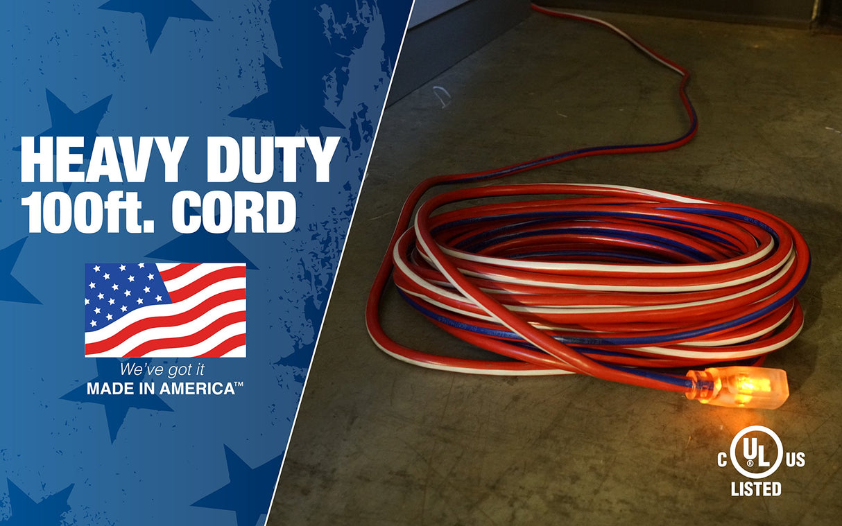 Southwire Heavy Duty Extension Cord, 100Ft, 12 Gauge, 3 Conductor, Water Resistant Flexible Jacket, SJTW, Red/White/Blue, 2549SWUSA1 Southwire