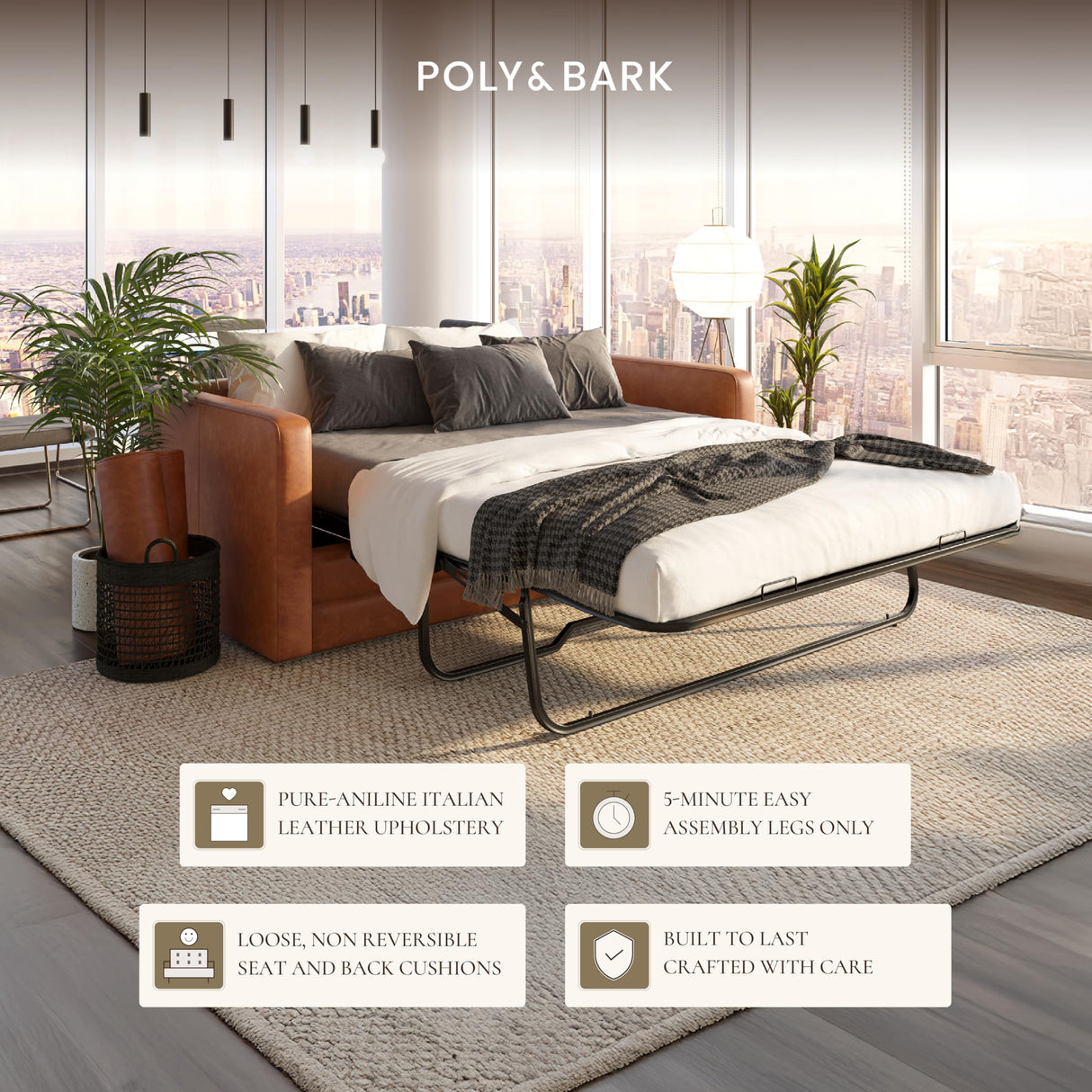 Poly & Bark Napa 82" Leather Pull‑Out Sleeper Sofa – Full‑Grain Italian Leather Upholstery,Tri‑Layer Mattress & Storage Console –Sophisticated Multi‑Functional Sofa Bed for Living Rooms & Guest Spaces POLY & BARK
