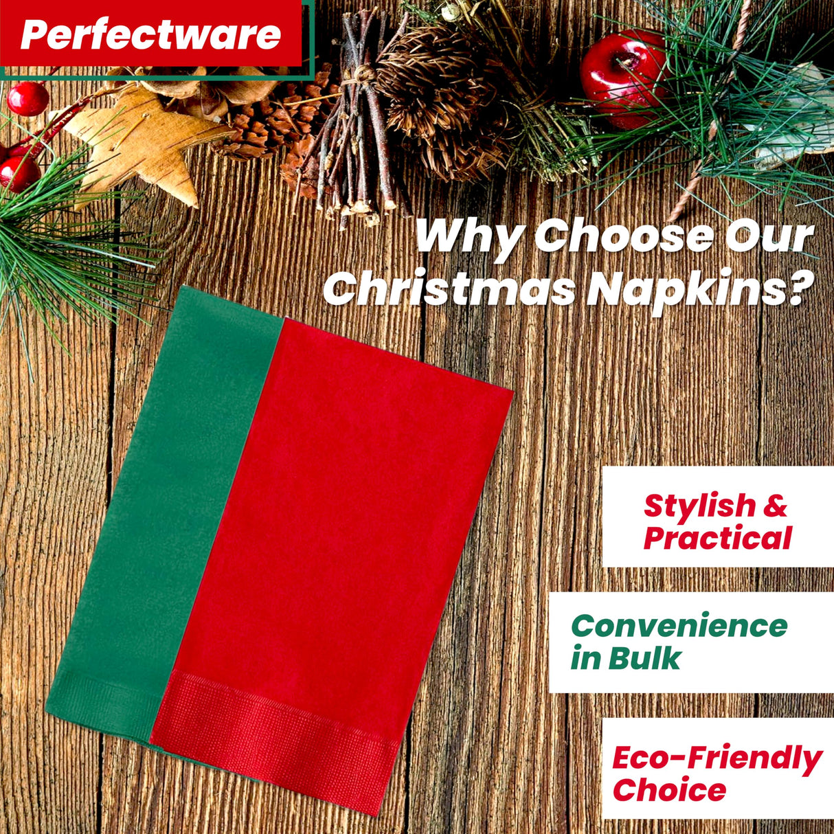 Perfectware 2PLY Christmas Paper Dinner Napkins. Pack of 100CT in Green and Red. 15 x 17 Paper Dinner Napkin Set Perfectware