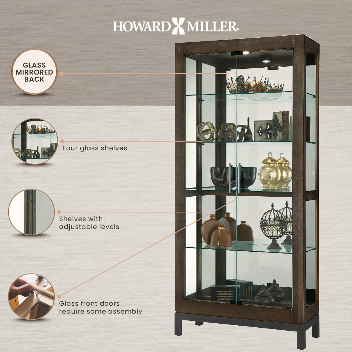 Howard Miller Quinn III Curio Cabinet 680-680 – Aged Java Finish Home Decor, Four Glass Shelves, Five Level Display Case, No-Reach Roller Halogen Light Howard Miller