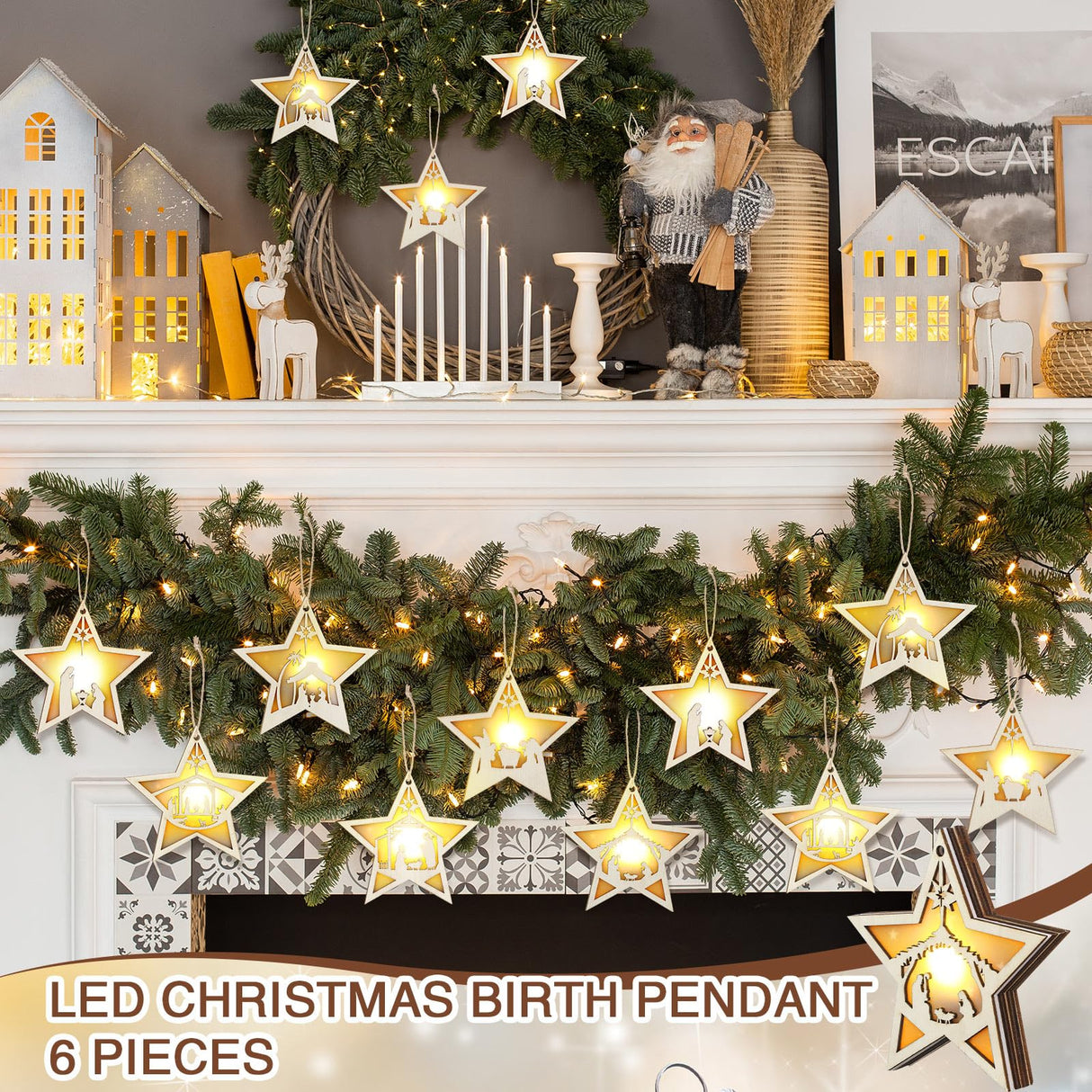 Tujoe 6 Pcs Christmas Nativity Scene Ornament LED Light up Nativity Christmas Ornament Cutout Jesus Wood Acrylic 3D Cut Nativity Wooden Set Christmas Hanging Ornament for Xmas Tree Decorations (Star) Tujoe