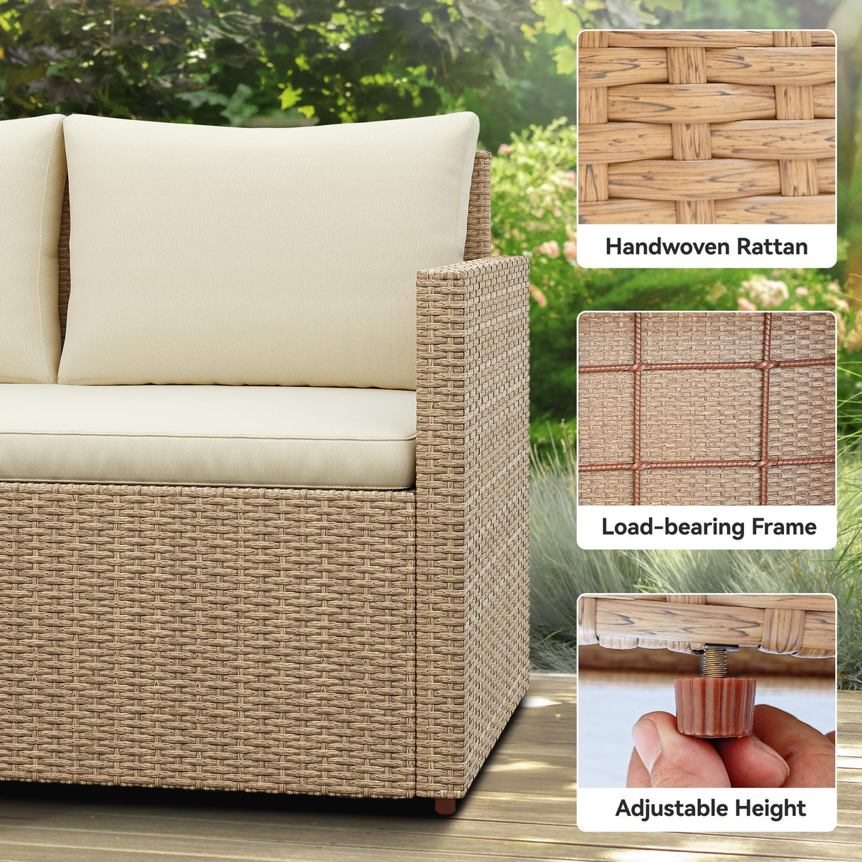 YITAHOME L-Shaped Patio Furniture Set, All Weather Wicker Outdoor Sectional Sofa Conversation Set with Dining Table and Ottoman, Light Brown+Beige YITAHOME