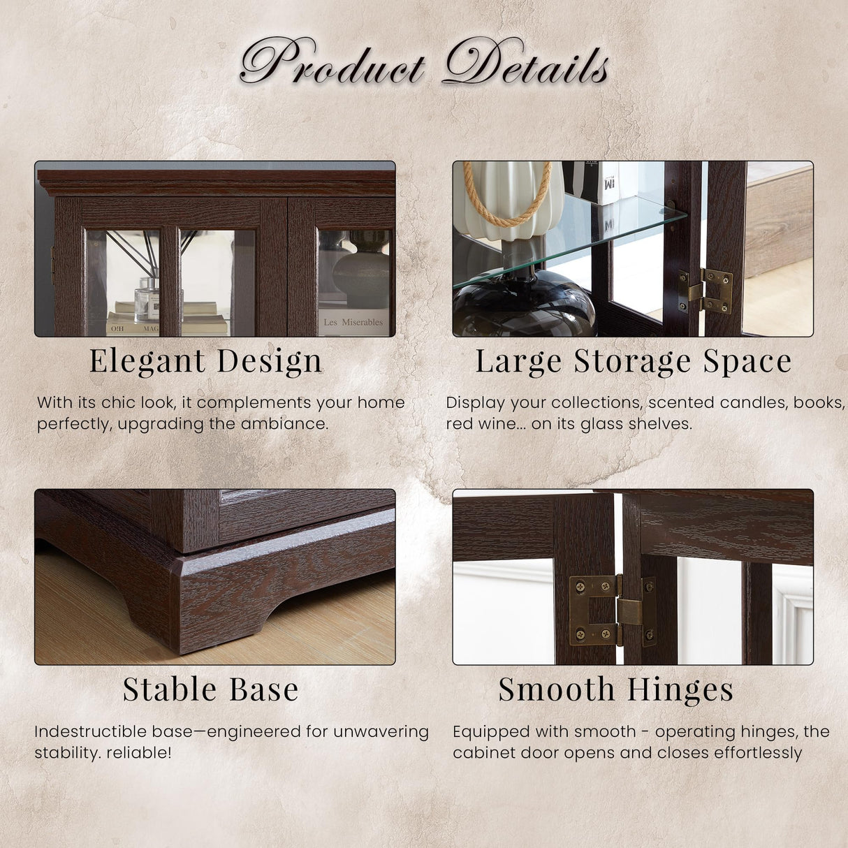 CKEASEAN Glass Display Cabinet, 69" H Curio Cabinet with Adjustable Shelves and 4 Glass Doors, Light Bulb Included, Elegant Antique Showcase, Rack for Living Room/Home Office (Dark Cherry) CKEASEAN