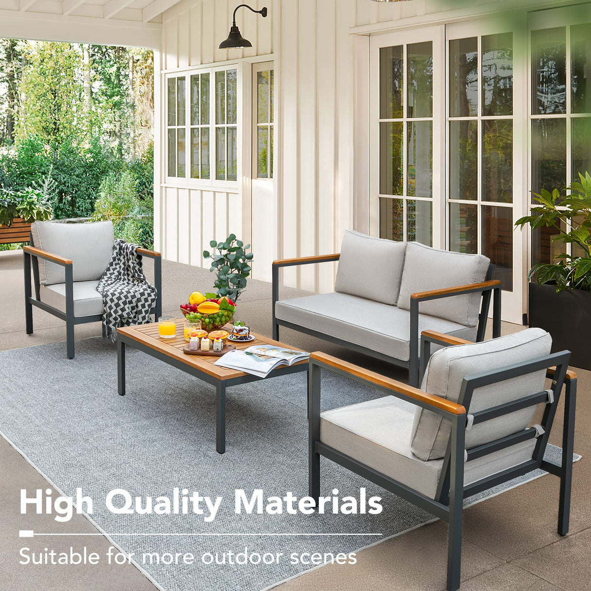 Devoko 4 Pieces Patio Furniture Sets Outdoor Conversation Set Acacia Wood Sofa Set with Coffee Table Thicker Sponge Cushion Devoko