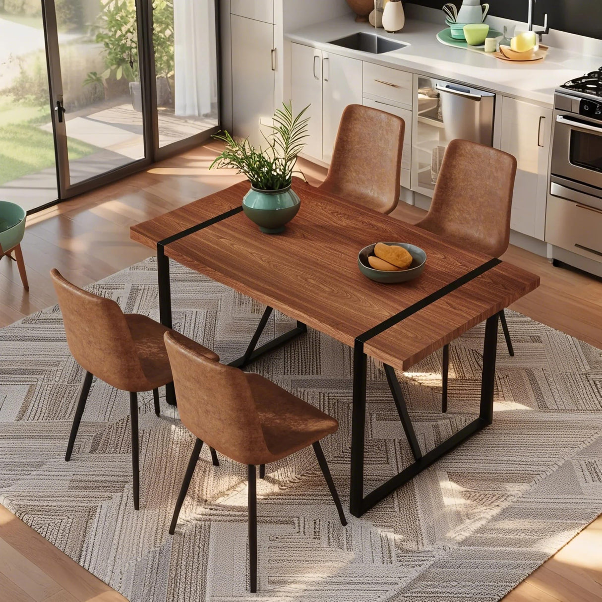 55" Wooden Dining Table Set for 4 with Walnut Tabletop and Brown Upholstered Chairs, Industrial Style Kitchen Table Chairs Set of 4 for Dining Room Runave