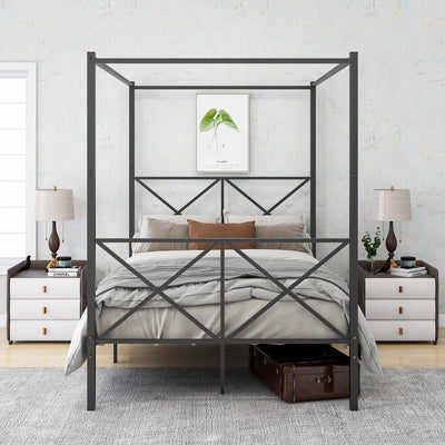 MaiDeHaoo Metal Canopy Bed Frame Full Size Four Posters Bed Frame with Headboard and Footboard, Heavy Duty Steel Slats Support & Underbed Storage Space, Black