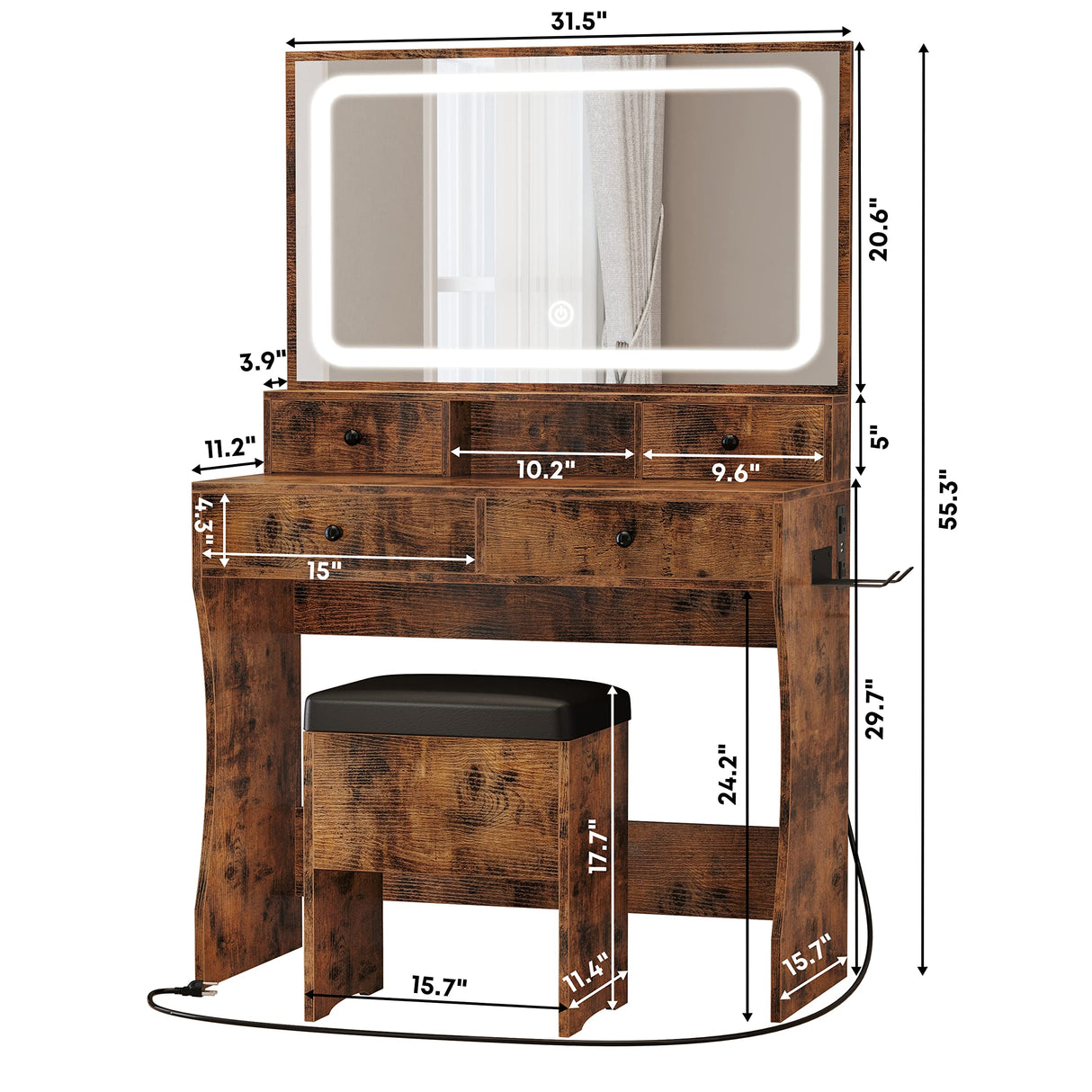 LIKIMIO Vanity Desk with LED Lighted Mirror & Power Outlet & 4 Drawers, Dressing Makeup Table Set with Storage Stool and Hair Dryer Stand, Vintage LIKIMIO