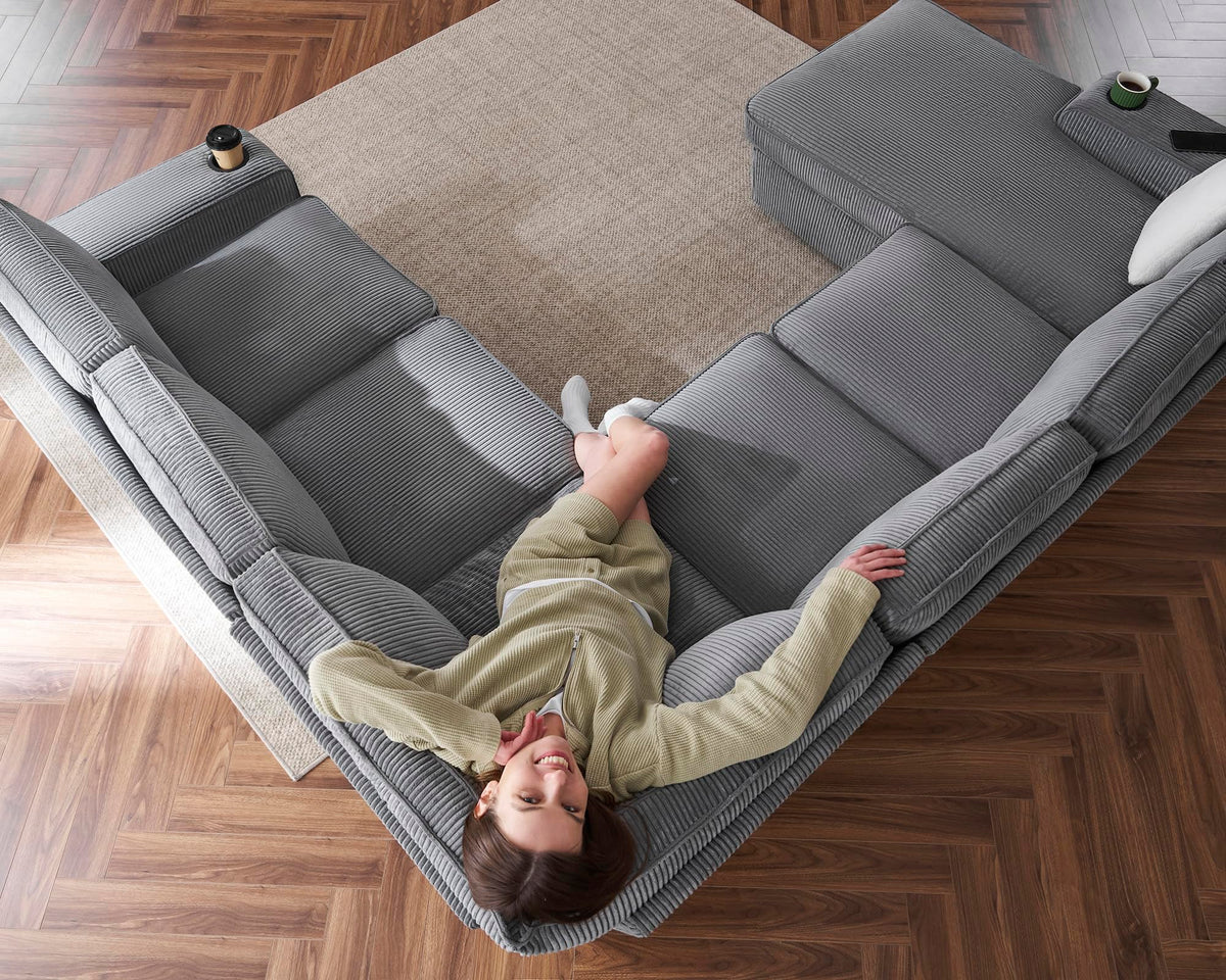 PaPaJet Oversized Sofa, 112 inch U Shaped Sofa with USB Ports, Sectional Couch with Storage Chaise, Corduroy Grey PaPaJet