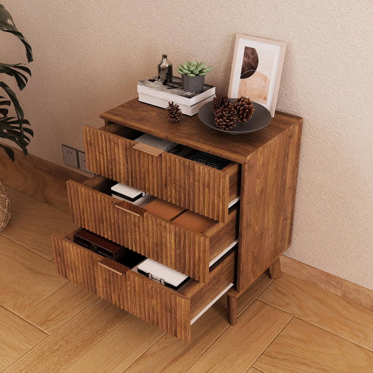 XUZENEST Fluted 3 Drawer Dressers, Modern Closet Dressers Chest of Drawers, Wood Storage Dresser Chest of Drawers Organizer for Bedroom Living Room Hallway Closet(Walnut) XUZENEST