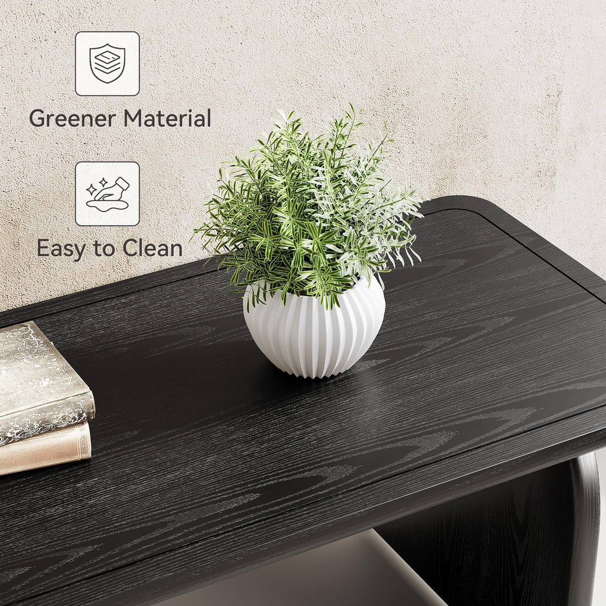 LITTLE TREE Farmhouse Coffee Table, 47 Inches Wooden Center Tables with Rounded Corners, Rectangular Living Room Tables, Modern Low Cocktail Tea Furniture for Living Room (Black) LITTLE TREE