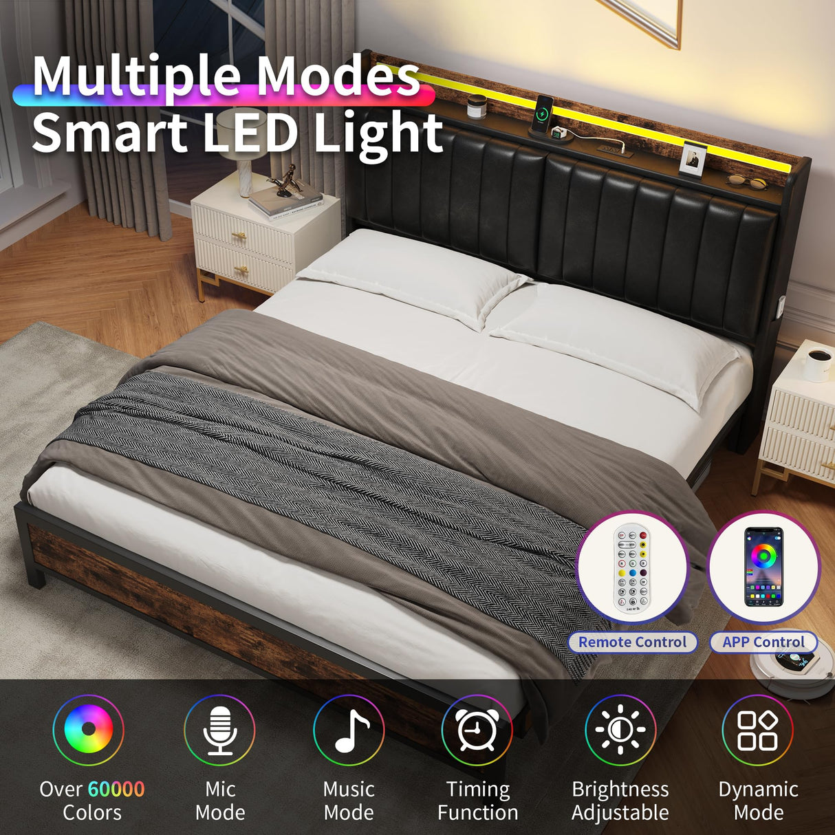 Queen Size Bed Frame with Adjustable Backrest Hidden Storage Headboard, PU Leather Upholstered Queen Bed Frame with Charging Station and LED Lights, Heavy Duty, No Box Spring Needed, Black&Brown Jocoevol