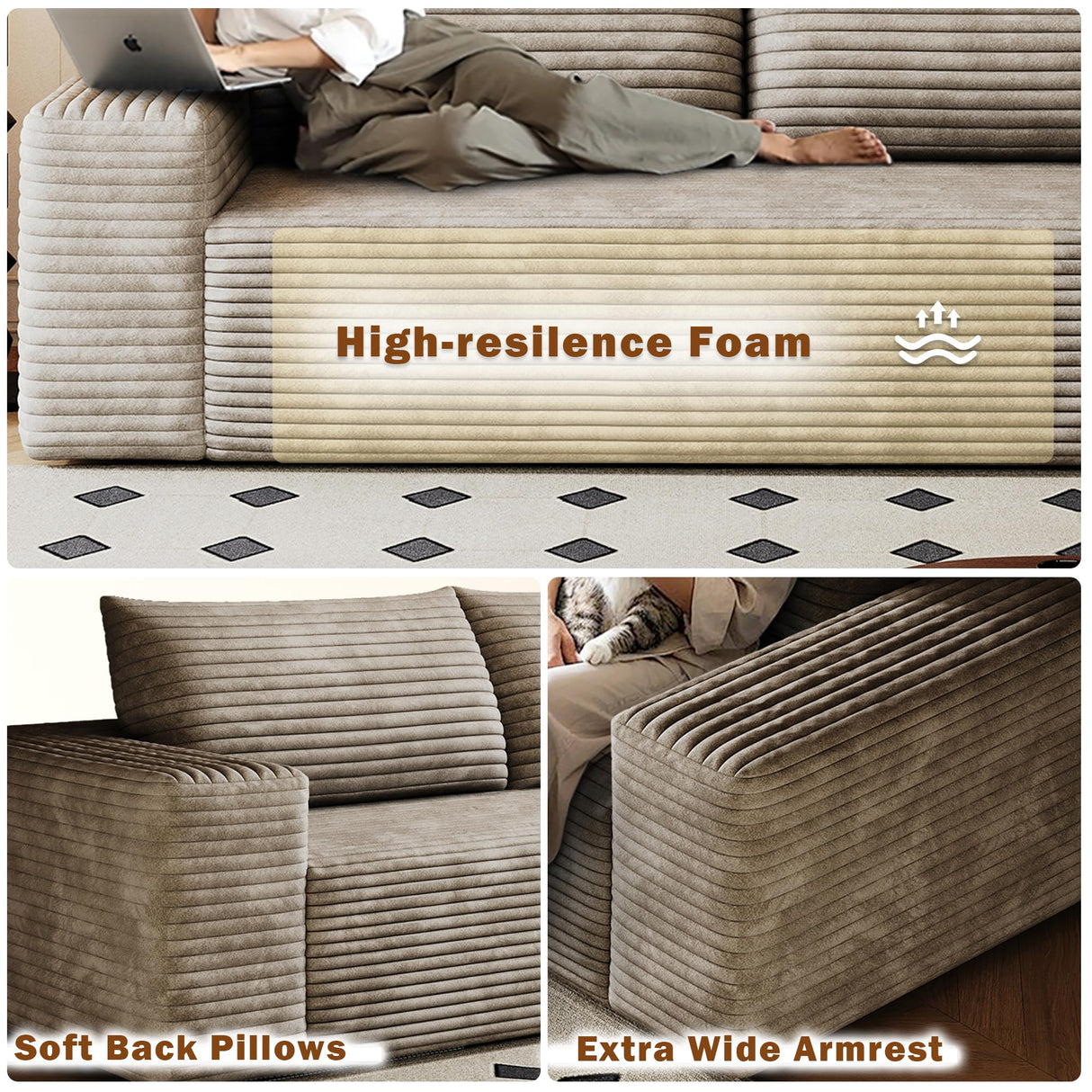 CKEASEAN 71" Corduroy Boneless Couch, 2-Seater Compression Sofa with 2 Throw Pillows, No Assembly Required, Comfy Loveseat Sofa in a Box, Deep Seat, Modern Couches for Living Room (Camel, 71 inch) CKEASEAN