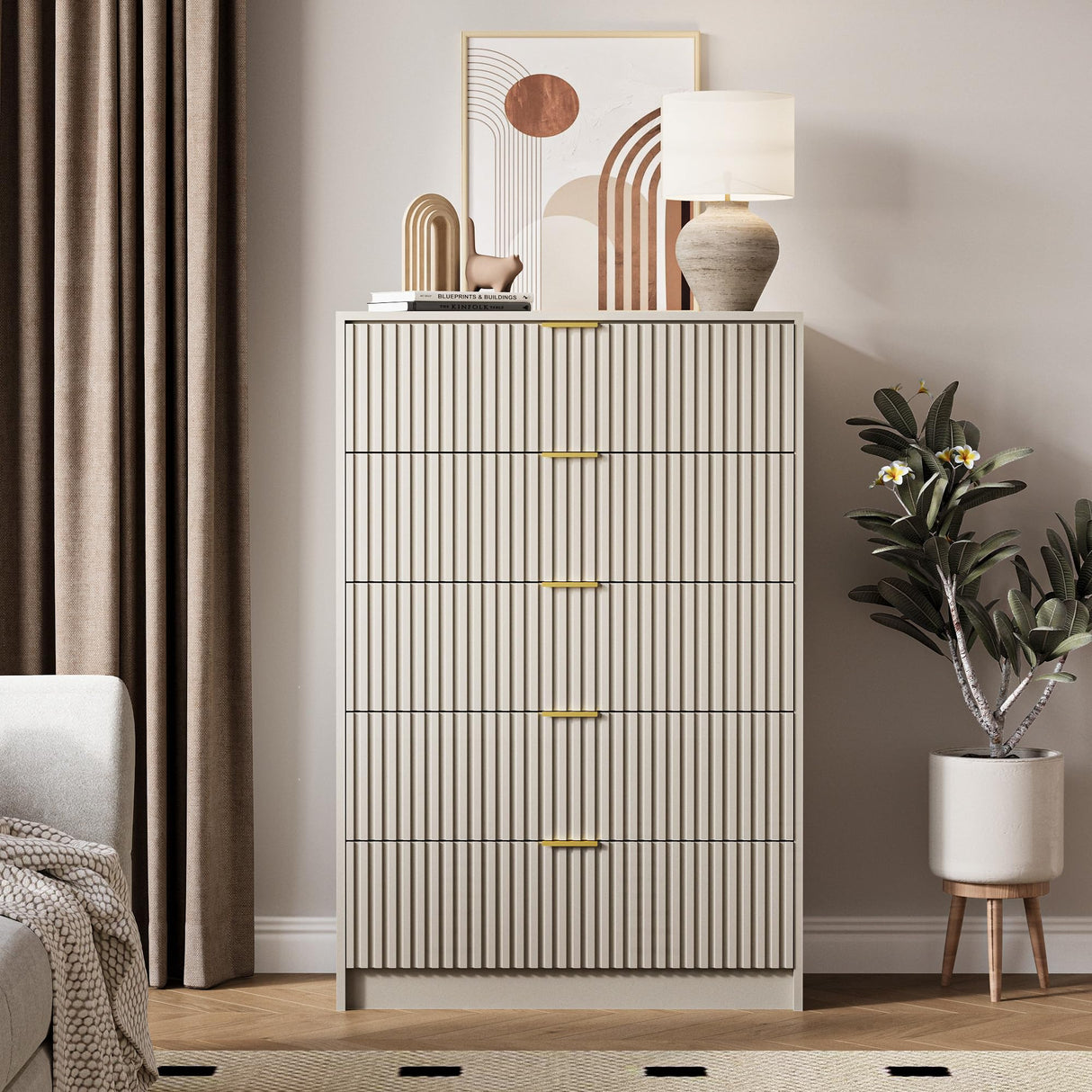 MAISONARIA 5 Drawer Dresser for Bedroom, Tall Dresser Chest of Drawers with Gold Handles, 32 Inch Wide Nightstand with for Bedroom, Living Rooms, Offices, and Entryways, Beige MAISONARIA