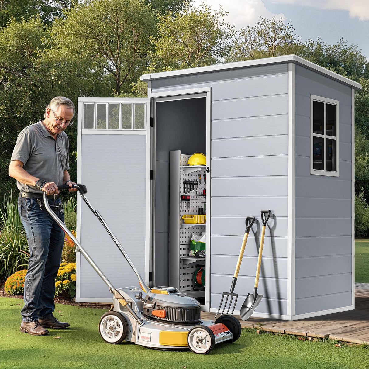 DWVO Outdoor Storage Shed, All-Weather Resin Plastic Storage Shed with Windows, Slanted Roof, Raised Floor, Capacity for Garden Tools & Equipment, Ideal for Backyard & Garden DWVO