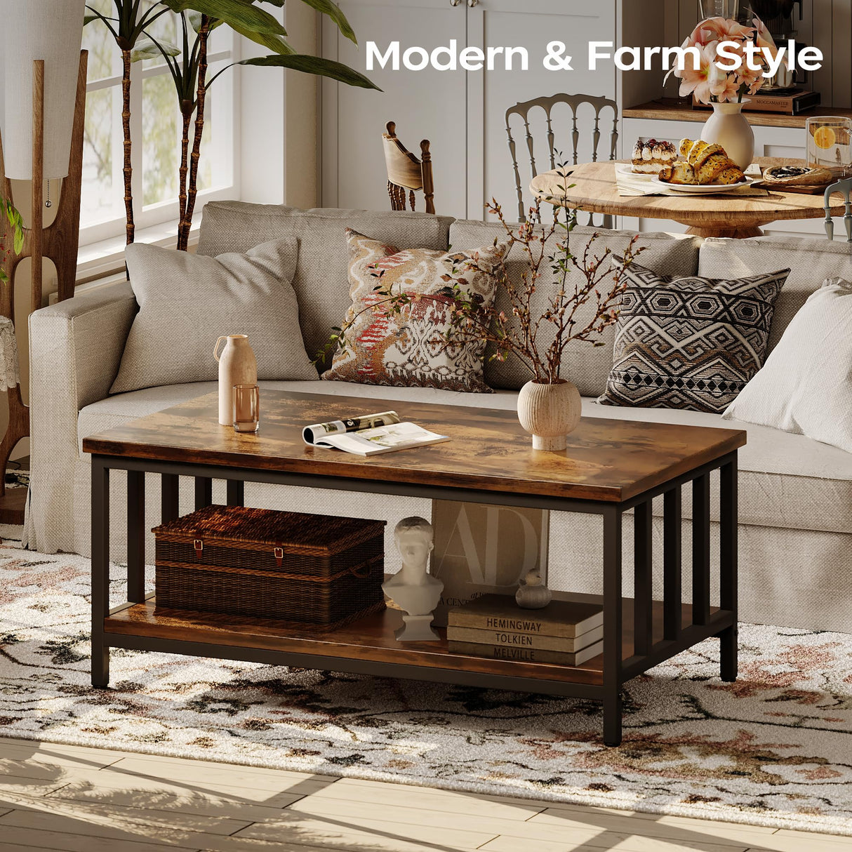 Homeiju Coffee Table for Living Room, Farmhouse Living Room Table with Slatted Sides Frame for Home Office, Apartment, 39 inch Rustic Black and Brown Homeiju