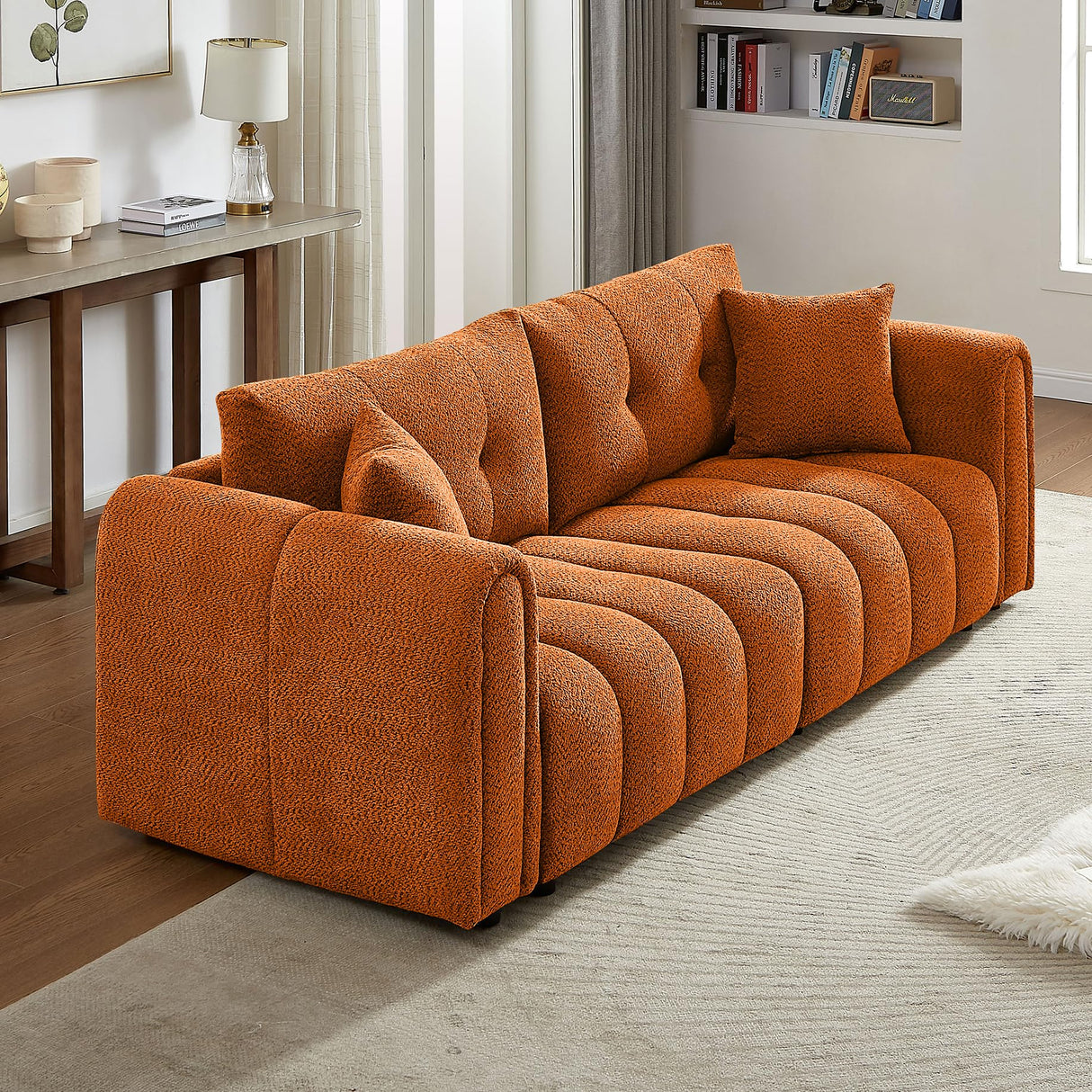 91.5" Modern Boucle Sofa with Deep Seat, 3 Seater Comfy Sherpa Cloud Couch, Oversized Loveseat Mid-Century Modern Tufted Couches for Living Room Apartment Lounge, Orange Elevyoliv