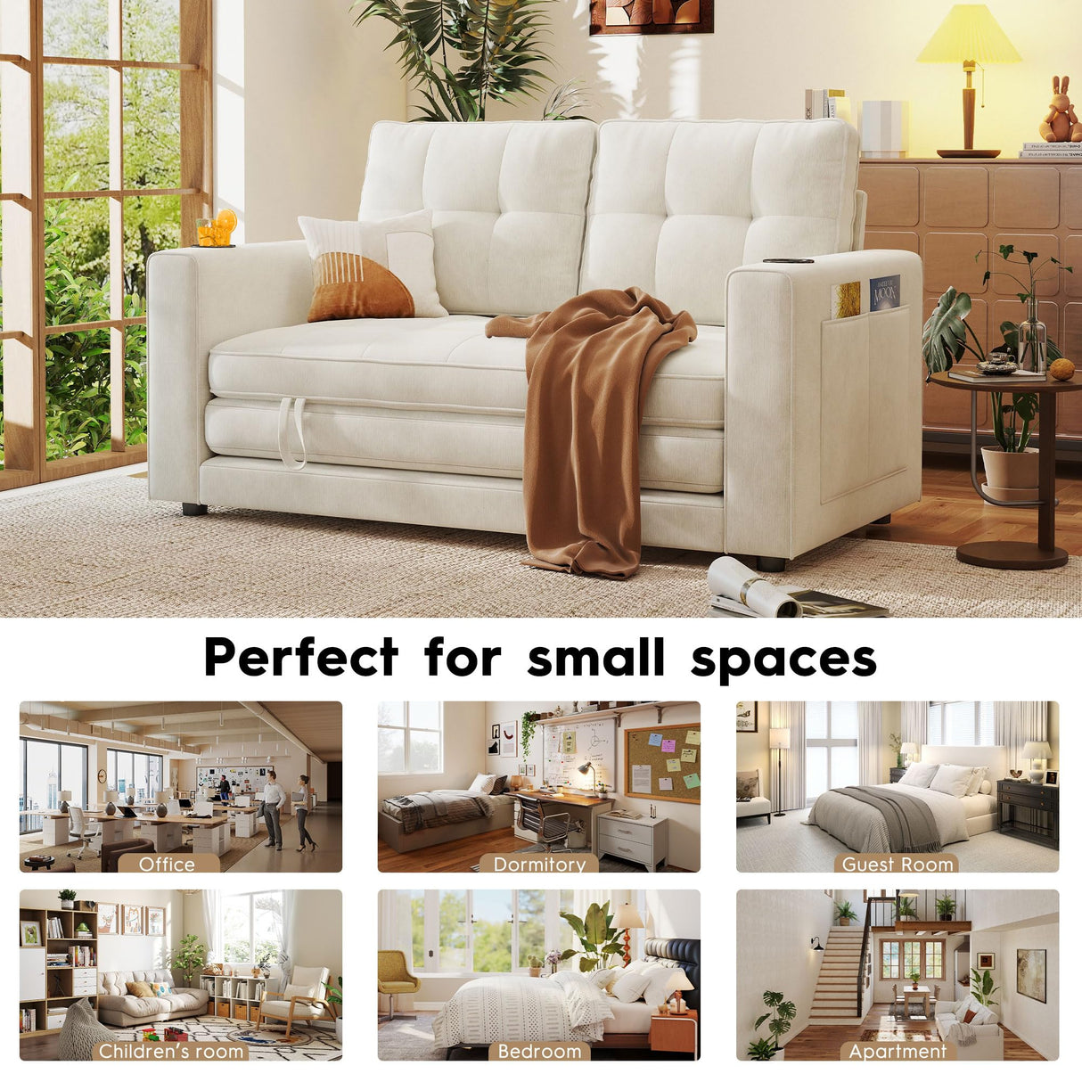 55" Convertible Folding Sofa Bed, Pull Out Couch Love Seat Sleeper Bed, Small Fold Out Loveseat Sleeper with Cup Holder and Pillow for Small Space, Bedroom Lounge, Dorm, Living Room(Beige Chenille) Urhanherry