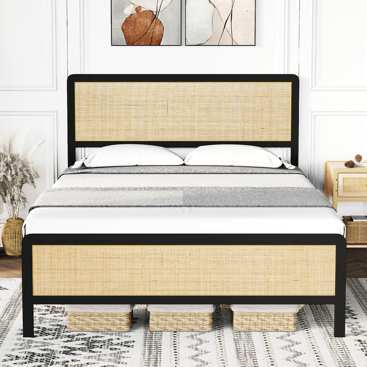 Amyove Full Size Bed Frame with Natural Rattan Headboard, Bohemian Platform Bed Frame with Strong Metal Slats Support, Boho Cane/Mattress Foundation/No Box Spring Needed Amyove