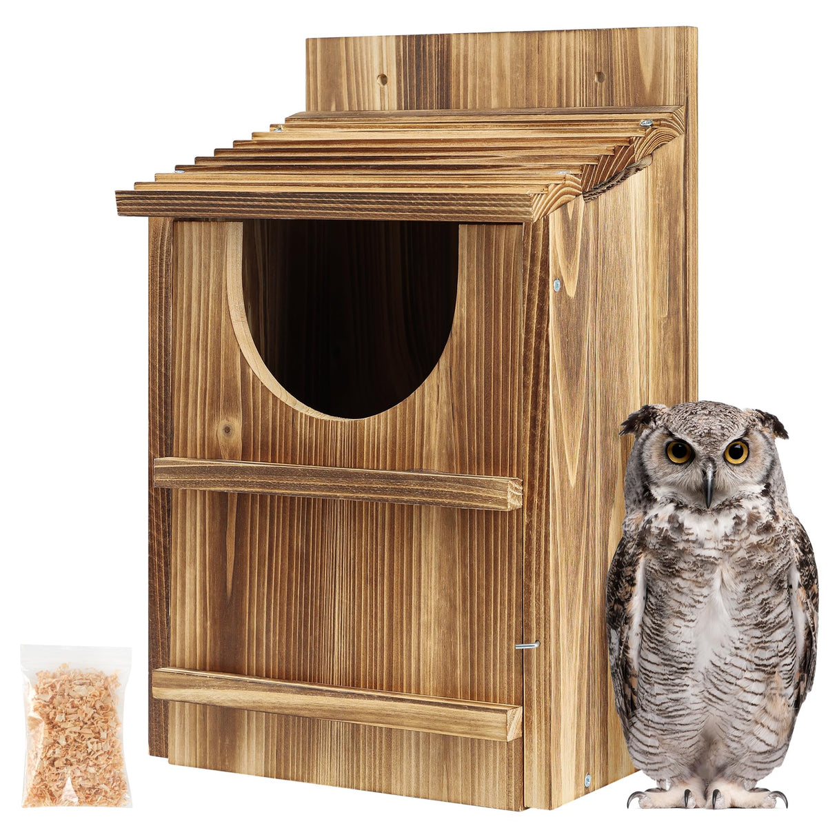 UUMENHA Owl House,Carbonized Cedar Large Owl Bird Box with Shavings,Owl Boxes for Outside 14.5×9×7.5 inches,Owl Nesting Box for Wildlife Lovers,Easy Assembly Required UUMENHA