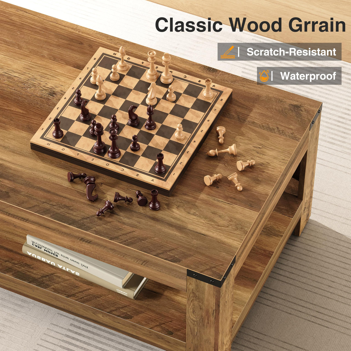 Farmhouse Coffee Table, 47.2" Modern Rustic Wooden Center Table with Storage, Rectangle Living Room Tables, 2-Tier Industrial Cocktail Tea Table for Living Room OWIPAW