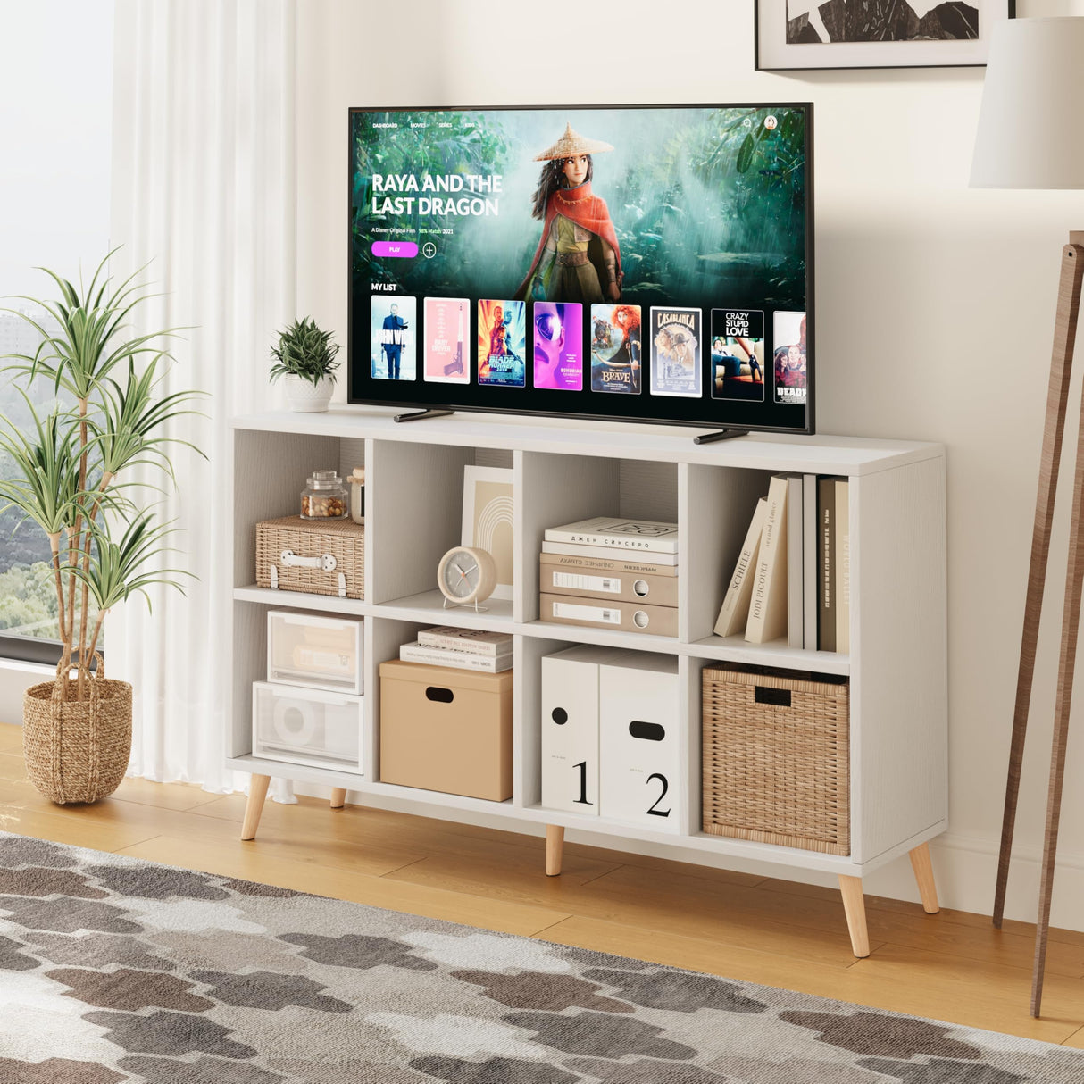 8-Cube Bookshelf 2 Tier Modern Bookcase with Legs, 11in Shelf Opening, 47" Wood Bookshelves Storage Organizer Shelf, Freestanding Open Book Shelves for Bedroom Living Room Office, Modern White Flrrtenv