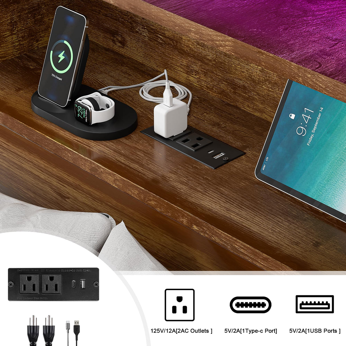 Farmhouse Full Size Bed Frame with Bookcase Headboard, Sliding Barn Door Storage, LED Lights, and Charging Station Alohappy