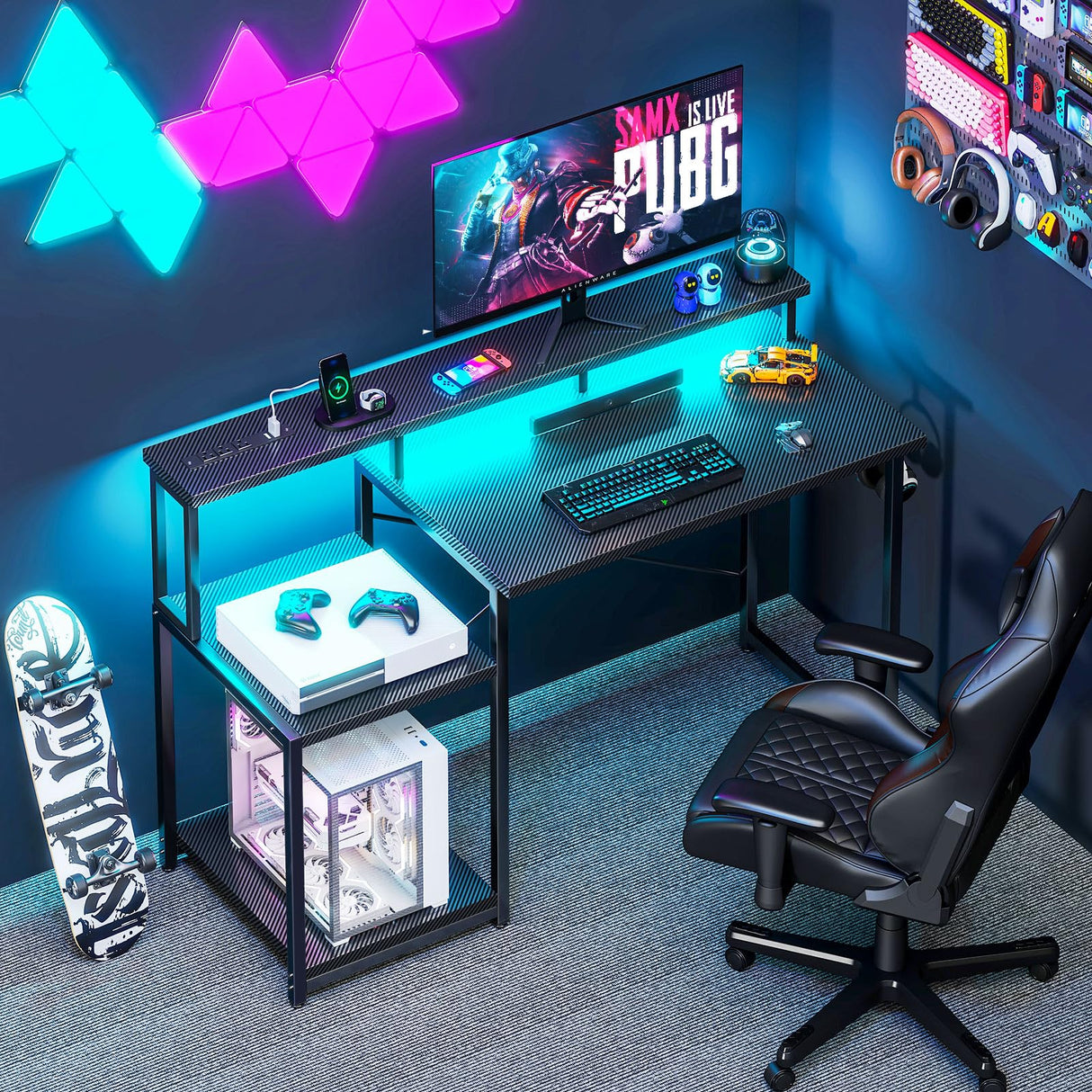 AODK Computer Desk, 48 Inch Gaming Desk with Led Lights & Power Outlet, Office Desk with Printer Storage Shelves, Reversible Desk with Monitor Shelf & Headphone Hook, Carbon Fiber Black AODK