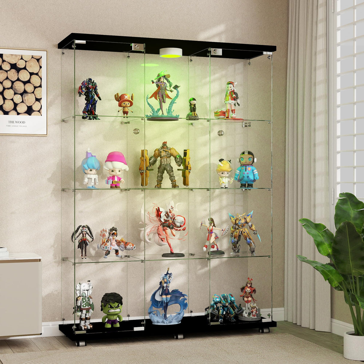 HAMBING Glass Display Cabinet with LED Light & Lock, 4 Shelves 3-Column Display Showcase, 2 Side Doors and Open Center Column, Tempered Glass Curio Cabinet for Bedroom, Living Room - Black HAMBING