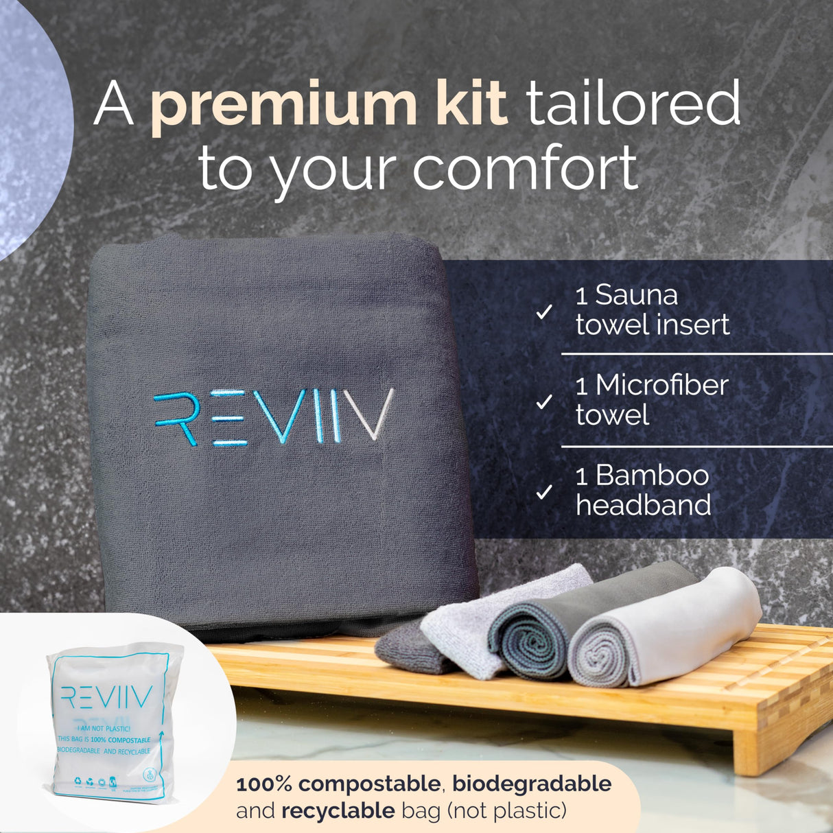 Sauna Blanket Insert Towel Kit - 3 Pcs Luxuriously Soft & Absorbent Sauna Towel Sack with Microfiber Head Towel & Headband - Sauna Accessories for Infrared Sauna Blanket Simplified Cleanup - 70" x 30" REVIIV