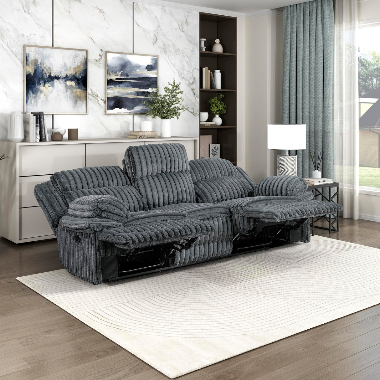 Lexicon Manual Double Reclining Sofa, Corduroy Manual Wall Hugger Recliner Couch, Pillow Top Arms, Plush Foam Cushions Over Pocket Coils, Cozy Reclining Sofa for Living Room, Dark Gray Lexicon