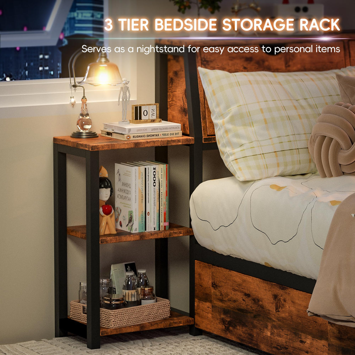 eMAIDE Corner Bed Frame with Storage Bookcase & Bedside Rack, Twin Size Metal Platform Bed Frame w/Drawers, Twin Daybed with Led Lights & Charging Station for Living Room, Bedroom & Guest Room, Brown eMAIDE