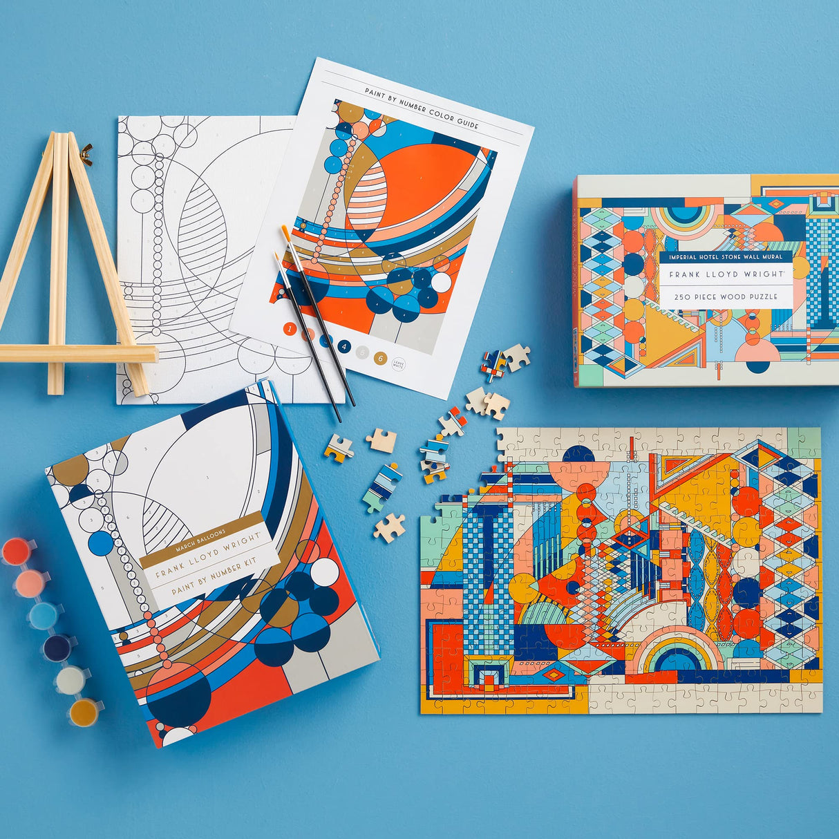 Galison Frank Lloyd Wright March Balloons Paint by Number Kit from Includes 1 Canvas (8” x 10"), 1 Wooden Easel, 2 Paint Brushes & 6 Acrylic Paints, DIY Art Kit with Stunning Design Galison