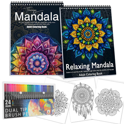 Mandala Coloring Book for Women Relaxation, 48 Patterns Spiral Bound Mindfulness Coloring Book for Adult with 24 Dual-tip Markers, Inspirational Gift for Women & Men, Adult Coloring Books Set