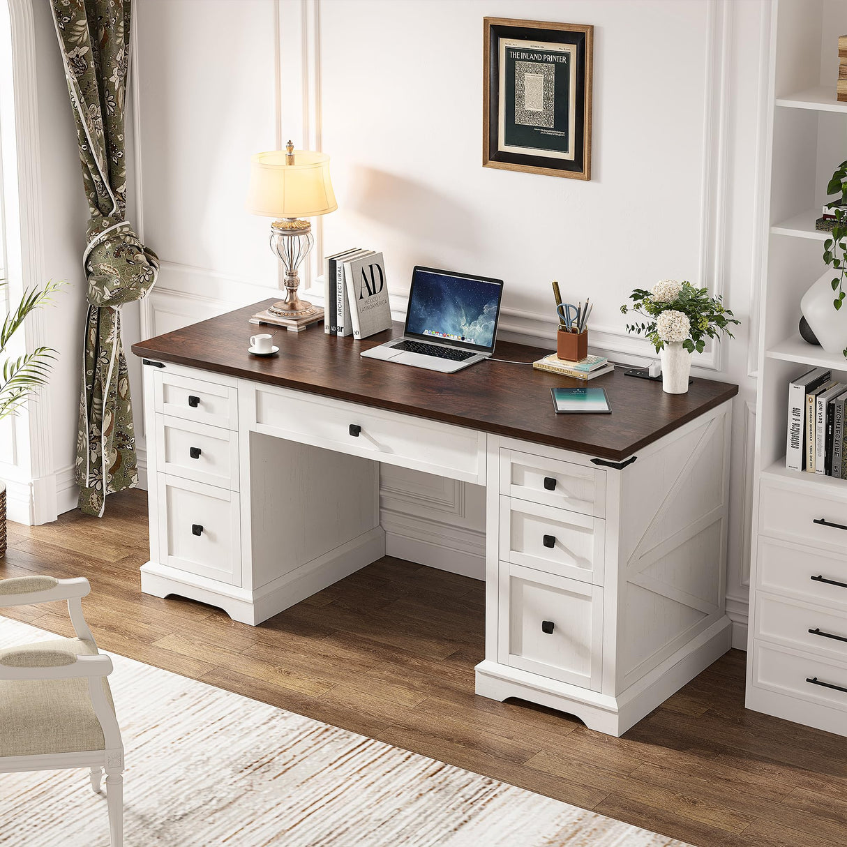 EnHomee 55" Computer Desk with 7 Drawers Farmhouse Computer Desk with Charging Station Home Office Desk for Study, Bedroom, Living Room, Office Desk,Desk,Brown+White,Dark Rustic Oak EnHomee