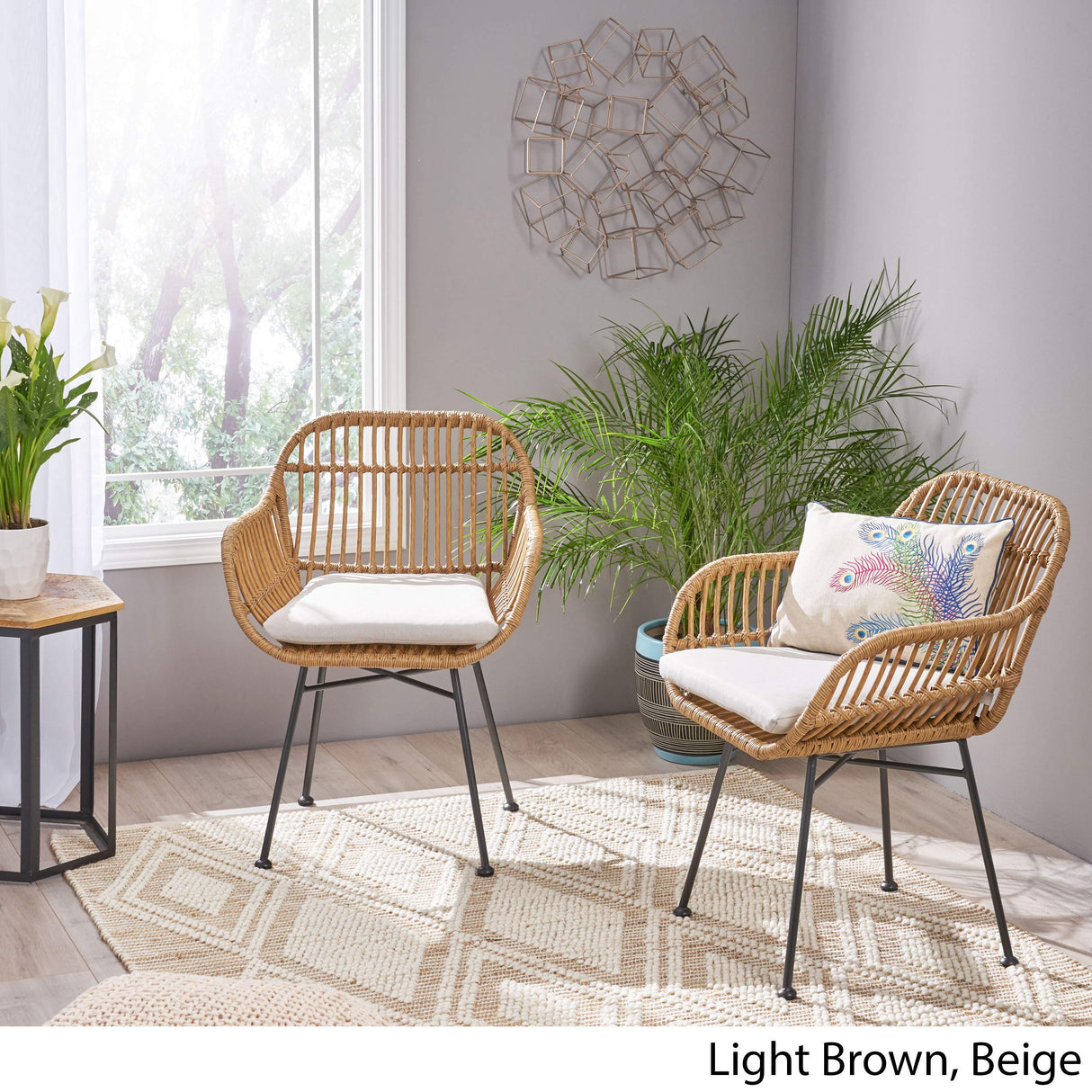 Christopher Knight Home Rodney Indoor Woven Faux Rattan Chairs with Cushions (Set of 2), Light Brown and Beige Finish Christopher Knight Home
