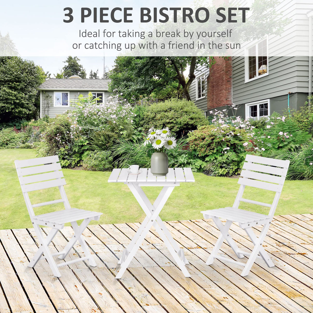 Outsunny 3 Piece Bistro Set, Wood Folding Outdoor Furniture with Table & Chairs for Backyard & Balcony, Square, White Outsunny