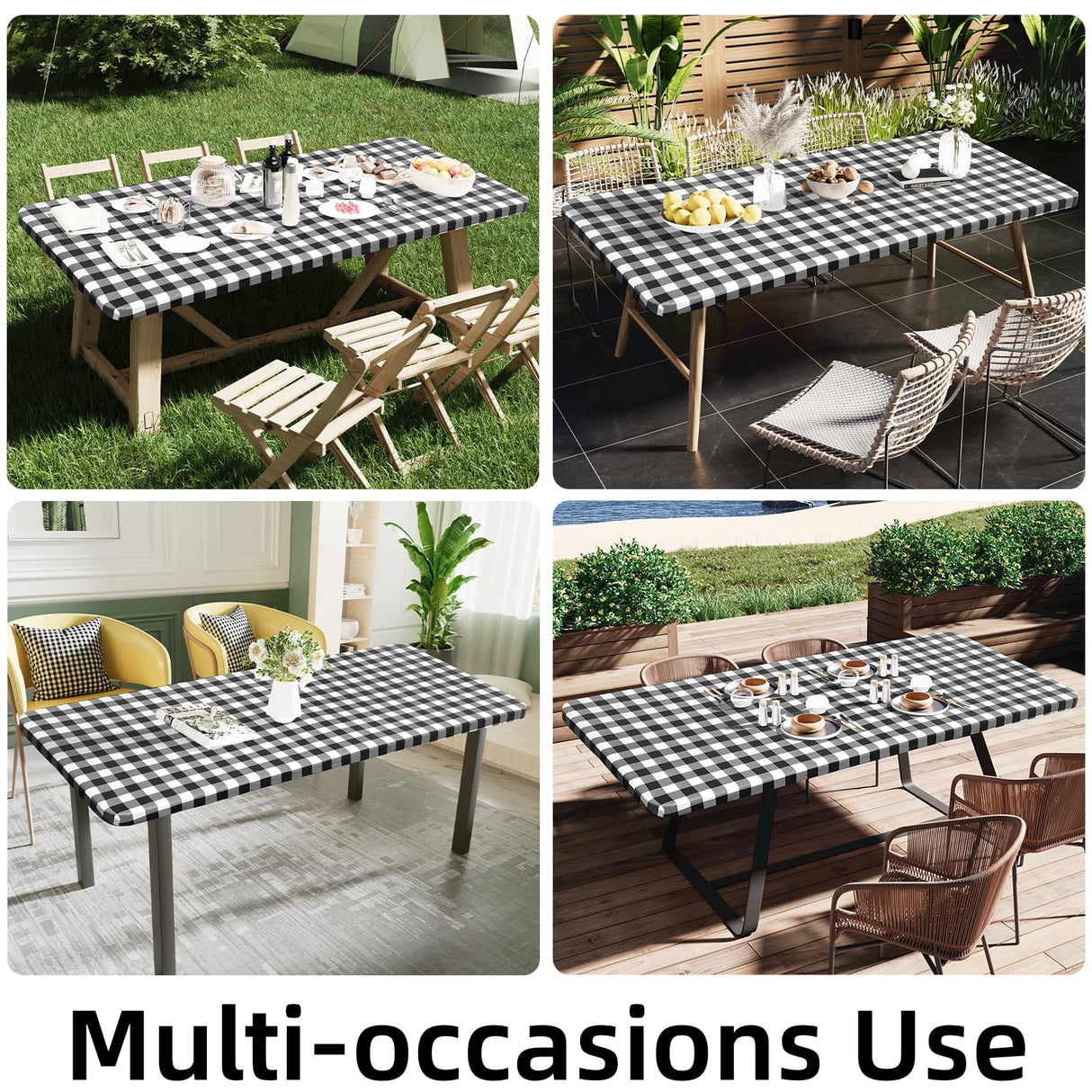 Smiry Rectangle Picnic Table Cloth, Elastic Waterproof Fitted Vinyl Tablecloth for 6 FT Tables, Flannel Backed Buffalo Plaid Table Covers for Dining, Camping, Outdoor (Black and White, 30" x 72") Smiry