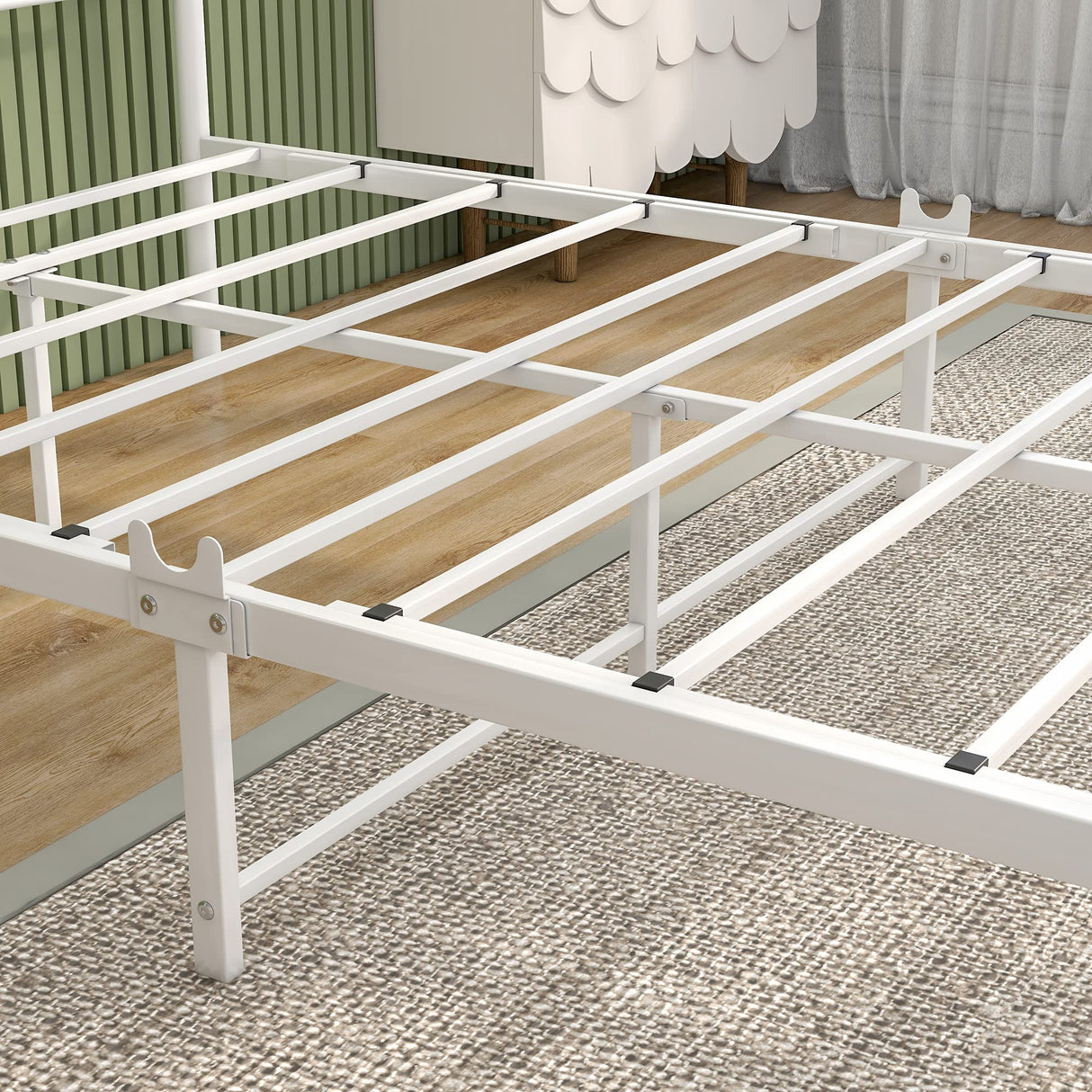 JURMERRY Metal Canopy Bed Frame Four-Poster Bed with Headboard & Footboard Mattress Foundation Sturdy Slatted Structure No Box Spring Needed Easy Assembly,Full White JURMERRY