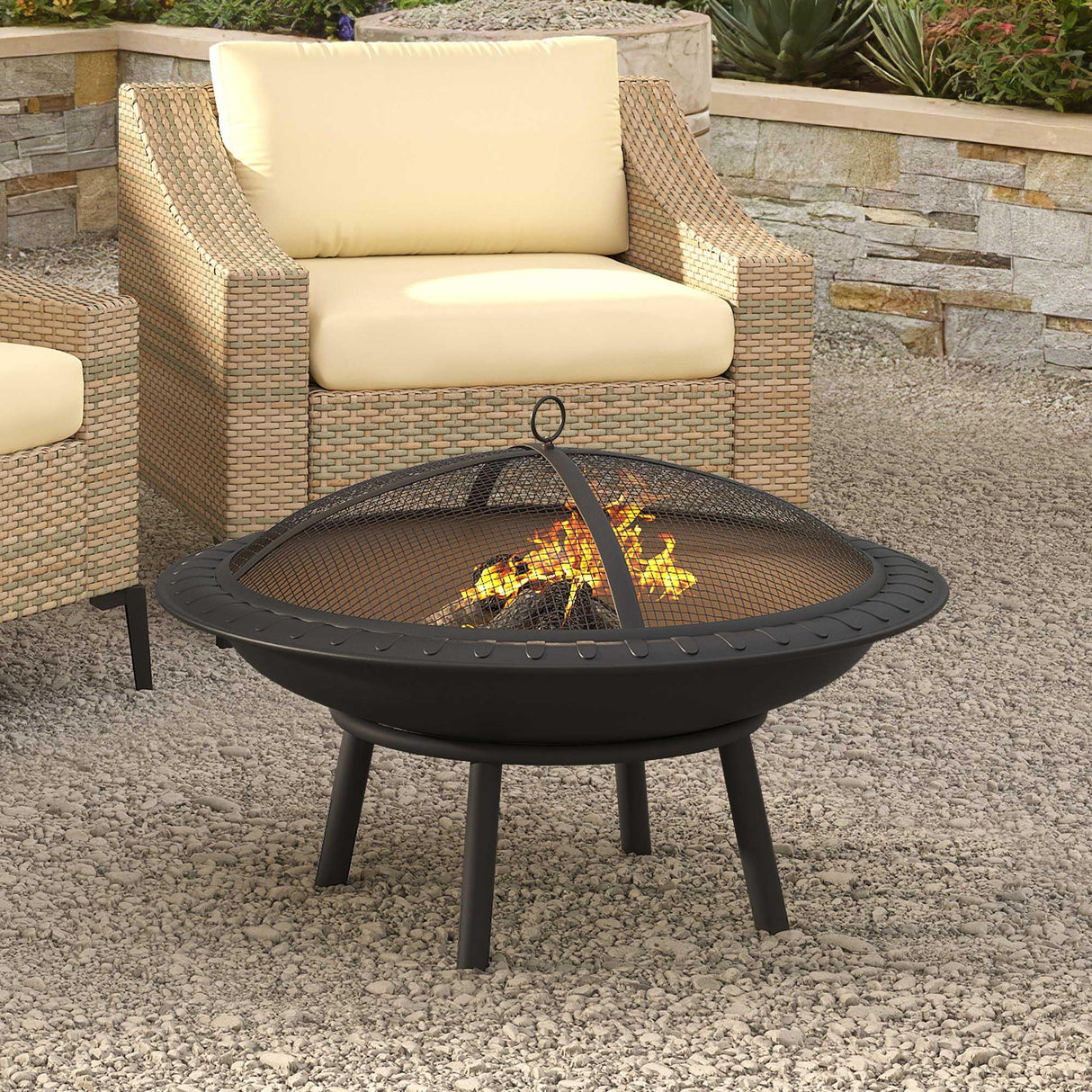 YITAHOME 30in Steel Replacement Fire Bowl with Round Spark Screen, Poker and Detachable Grate, Wood Burning Fire Pit Bowl for DIY or Existing Outdoor Patio Fire Pit YITAHOME