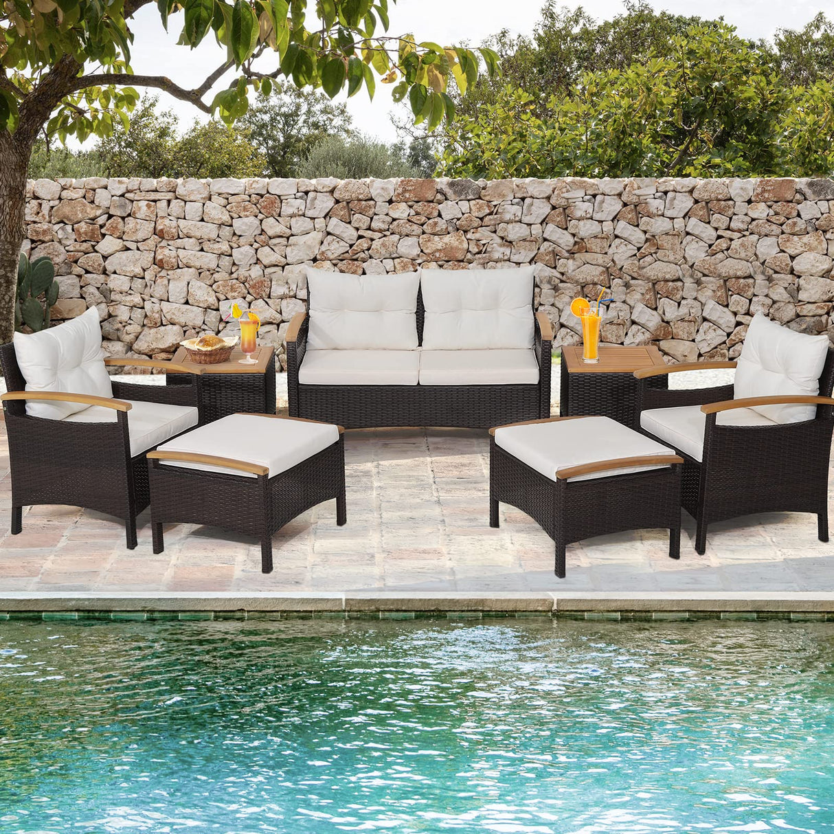 Tangkula 7 Pieces Patio Rattan Sofa Set, Outdoor Wicker Conversation Set w/Seat & Back Cushions, 2 Ottomans & 2 Coffee Tables, Acacia Wood Tabletop & Armrests, Wicker Sofa Set for Backyard, Poolside Tangkula