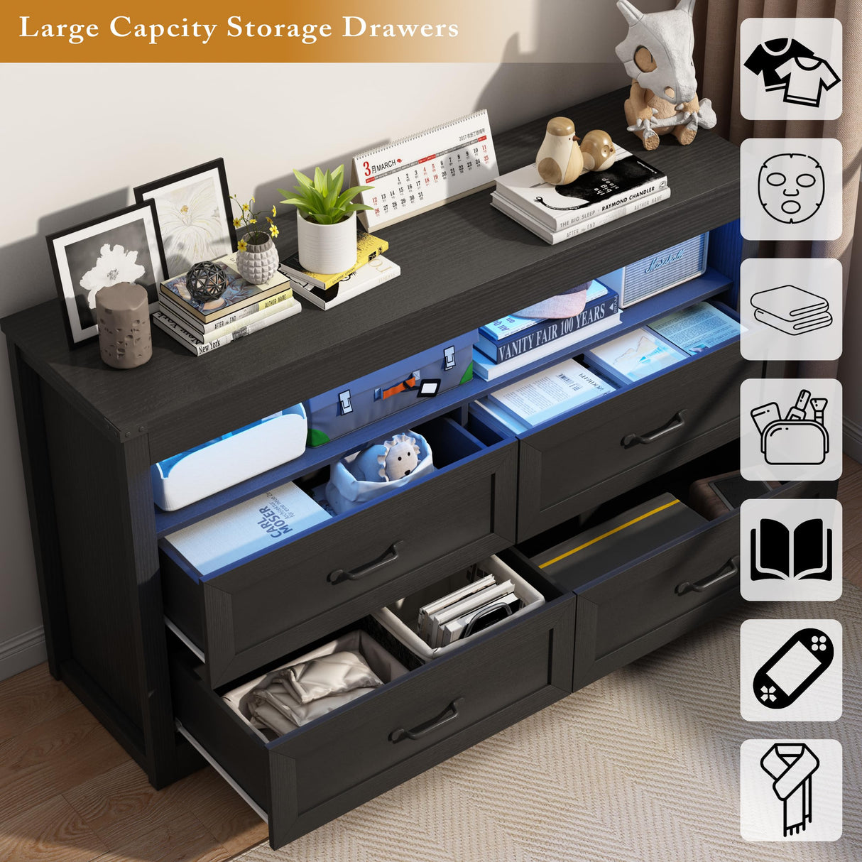 Wodeer 4 Drawer Dresser Chests with LED Light,Wide Chest of Drawers with Metal Handles,Wood Dresser for Storage and Organization for Bedroom,Living Room, Nursery,Hallway,Black Wodeer