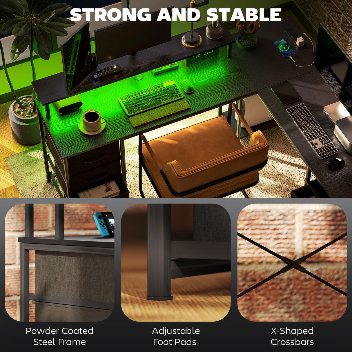 HOMCOM 66" L Shaped Gaming Desk, Reversible, 105" 2 Person Computer Desk with File Cabinet and Fabric Drawers, Power Outlets and LED Lights, Monitor Stand, Distressed Black HOMCOM