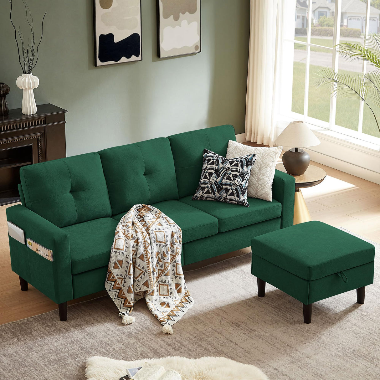 Pingliang Home Sectional Sofa Couches for Living Room, Modular 3 Seats Sectional Sofas L Shaped Couch with Storage and Reversible Chaise, Linen Fabric, 79" (Green) Pingliang Home